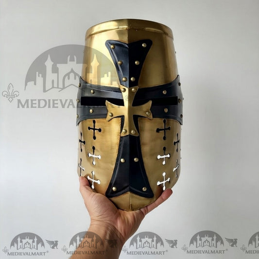 CASQUE MEDIEVALMART finition dorée de Chevalier Templier Croisé avec support gratuit