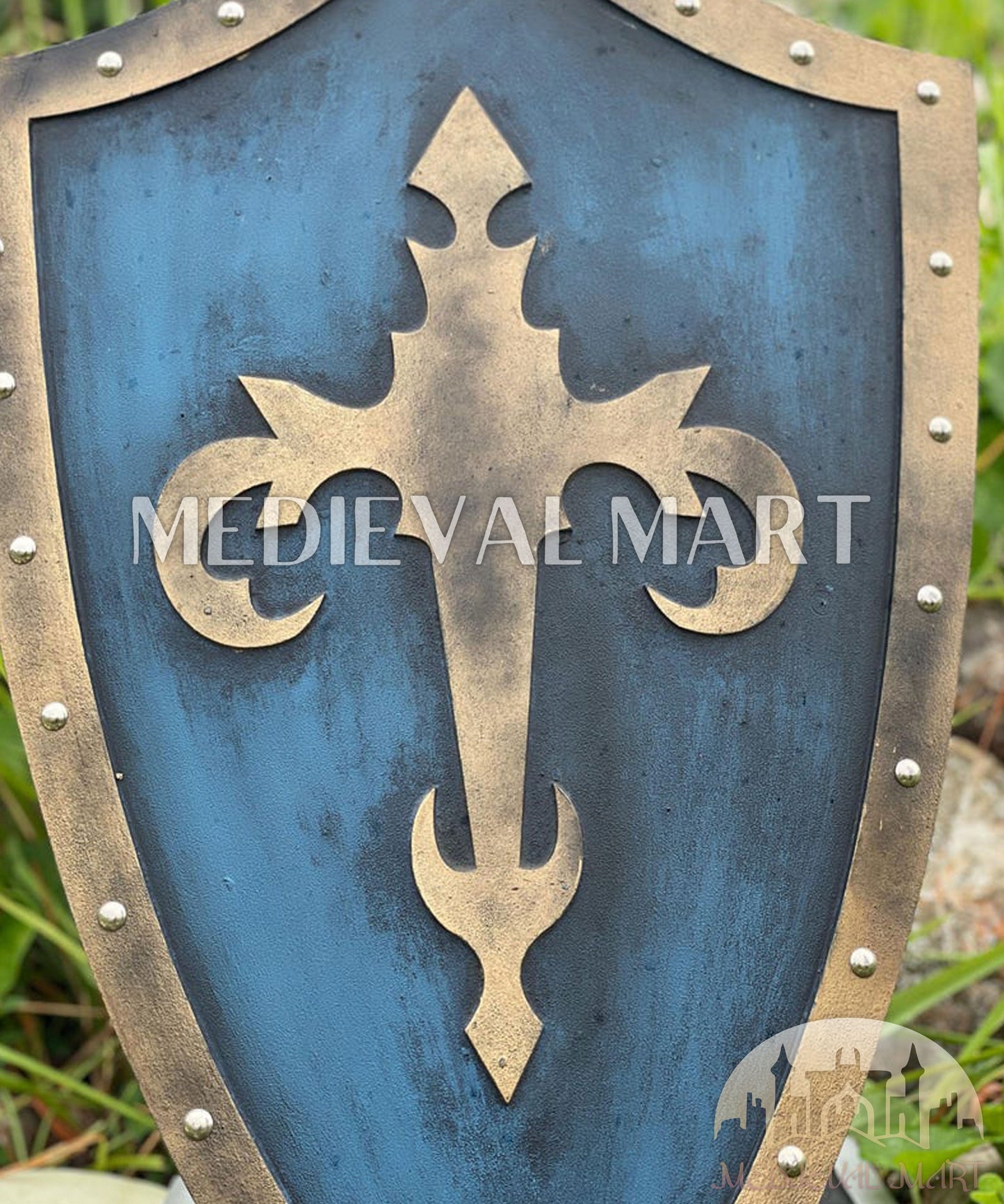 MEDIEVALMART Medieval Templar Devil Zelda Cross Inspired Wooden Shield Bliue & Gold Finish | Gift for Christmas Day