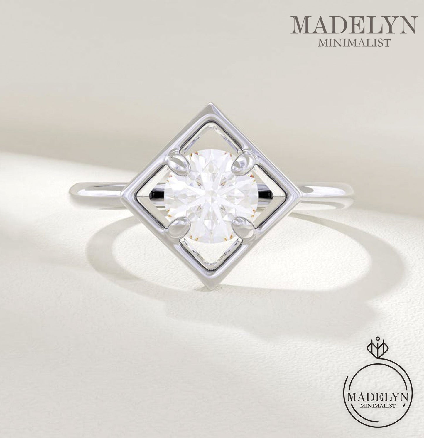 MADELYN MINIMALIST 14k Solid Gold Round Diamond Cz Ring, Dainty Square Shape Band Ideal for Everyday Wear | Gift for Her, Mom