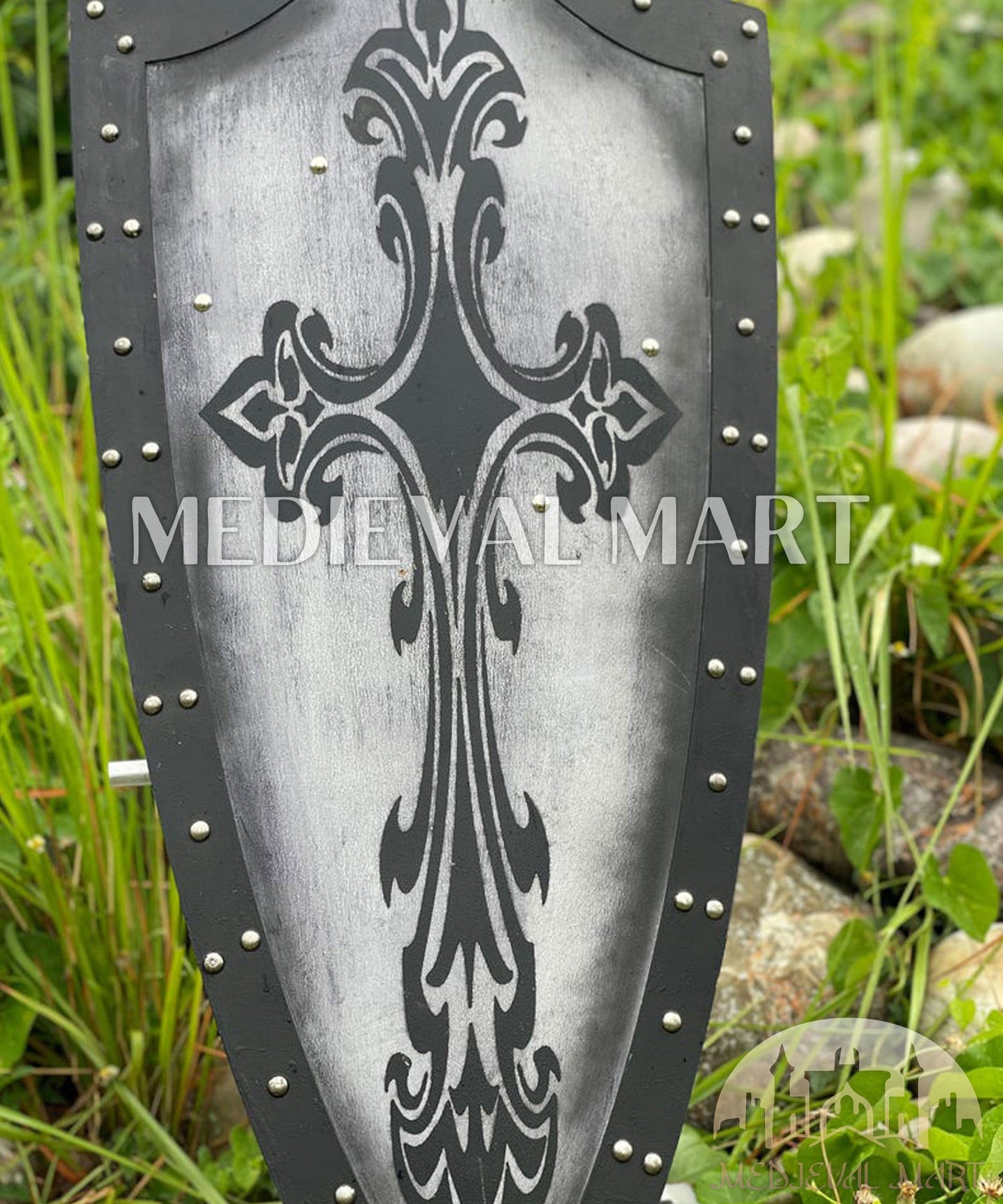 MEDIEVALMART Medieval Templar Spanian Cross Inspired Wooden Shield Black & Siver Finish | Gift for Christmas Day
