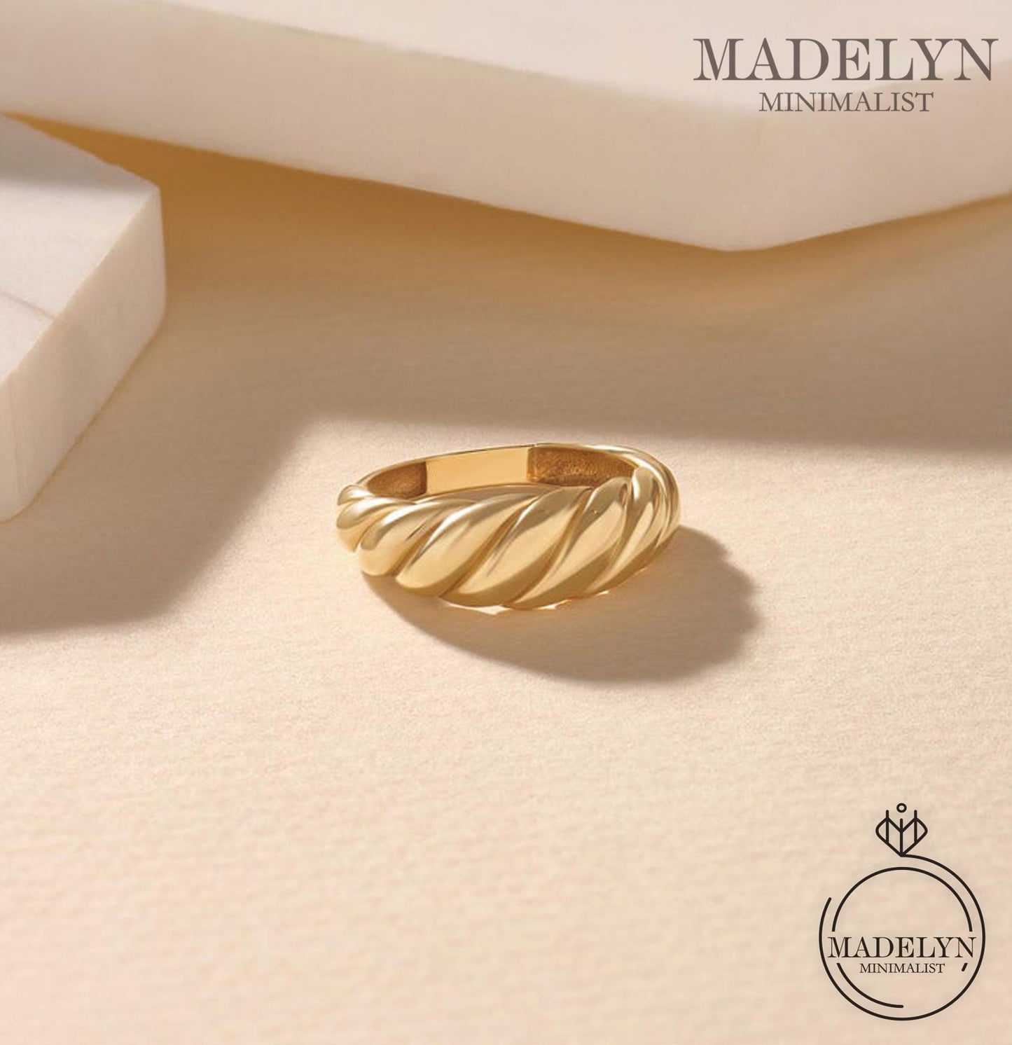 MADELYN MINIMALIST 14k Solid Gold Minimalist French Croissant Twisted Dome Ring | Gift for Mom