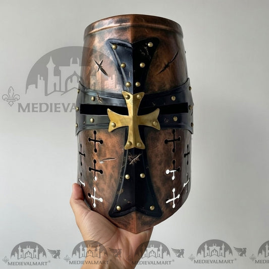 MEDIEVALMART Casque de chevalier templier croisé endommagé de bataille finition cuivre avec support gratuit