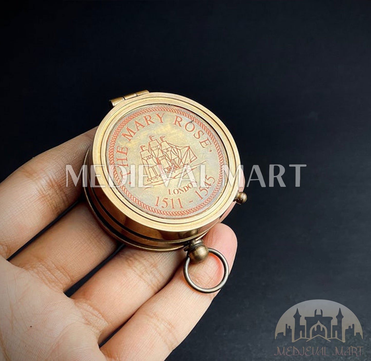 MEDIEVALMART Nautical Brass Engrave Sun Clock Texture Compass Gold Finish W/H Leather Case | Gift For Dad & Son