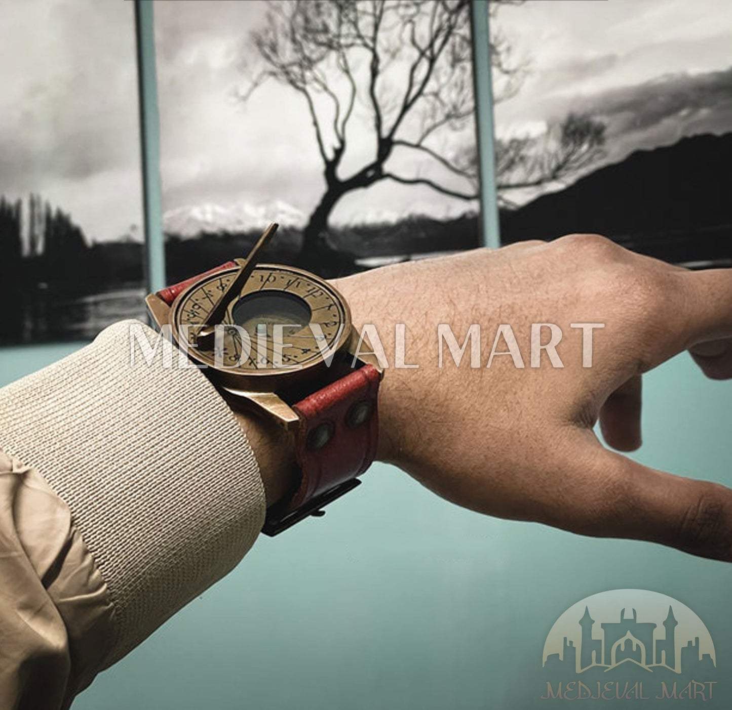 MEDIEVALMART Victorian Steampunk Brass Wrist Compass & Sundial Watch Gold Finish W/H Leather Strap | Gift For Him