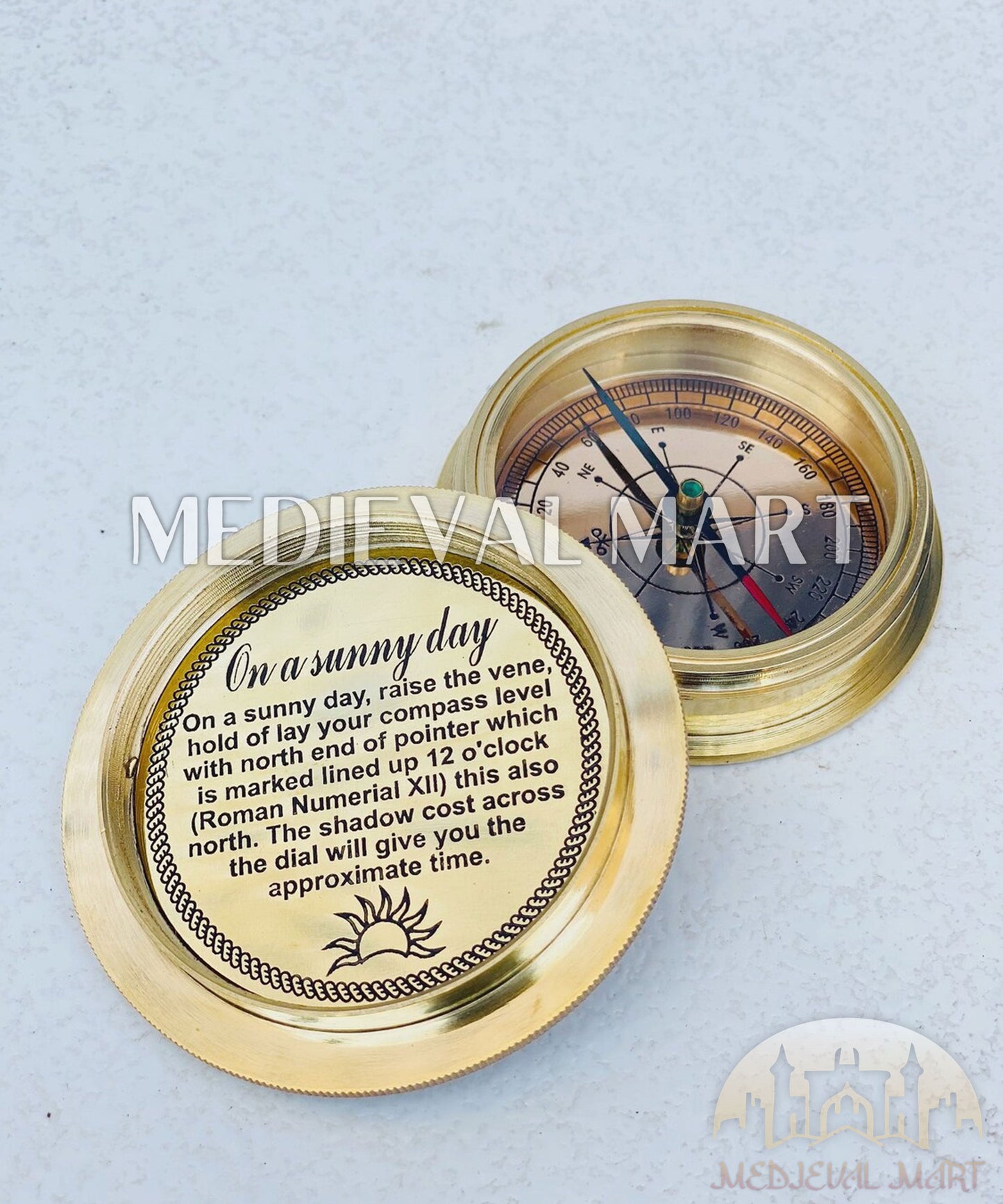 MEDIEVALMART Nautical Pure Brass Custom Engrave Sun Clock Compass Shiny Brass Finish | Gift For Mom, Her, Him