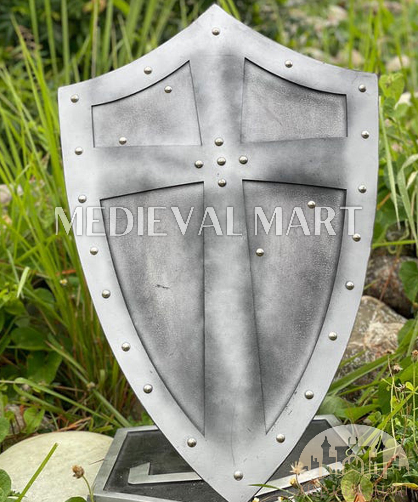 MEDIEVALMART Medieval Templar Salebi Cross Inspired Wooden Shield Black & Siver Finish | Gift for Christmas Day