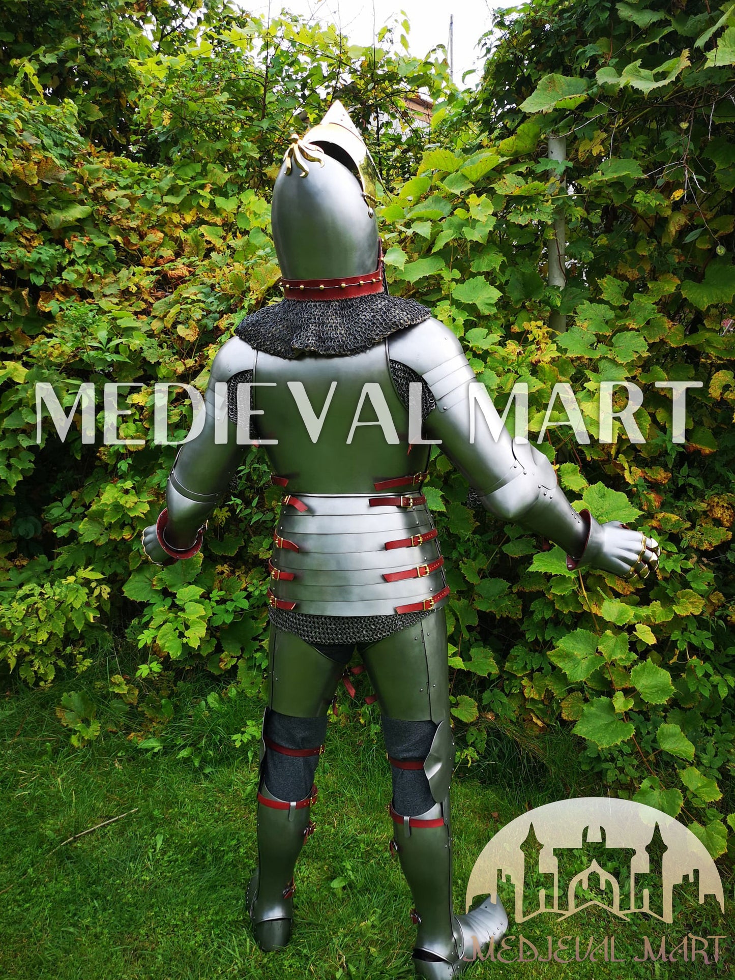 MEDIEVALMART 15th-Century English knight Warrior Gothic Plate Armor Costume W/H Gold Face Hounskull Helmet