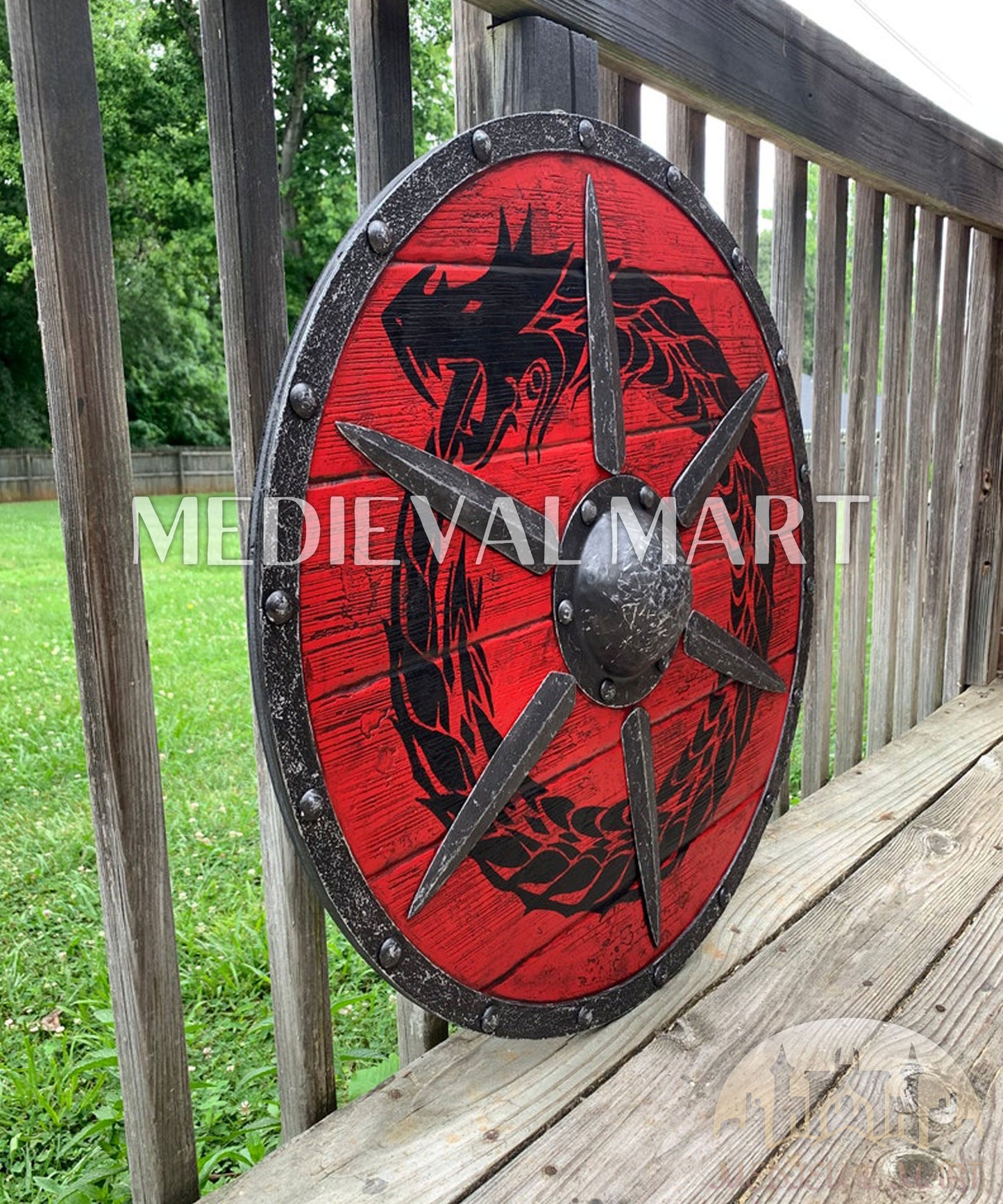 MEDIEVALMART Legendary Viking's RED Ouroboros Battleworn Iconic Viking Wooden Shield | Gifts For Dad