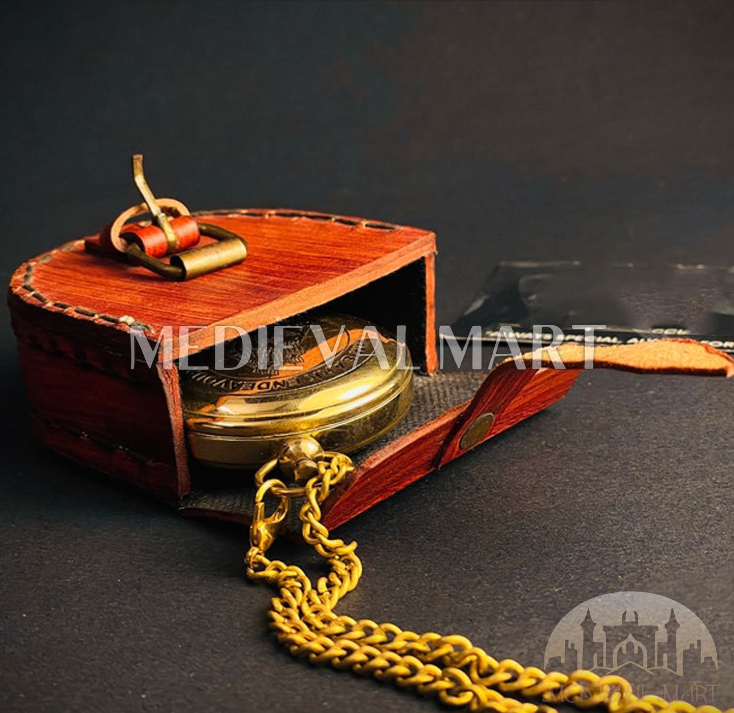 MEDIEVALMART Nautical Pirates Vintage Pocket Engrave Compass Locket Gold Finish W/H Leather Case | Gift For Her