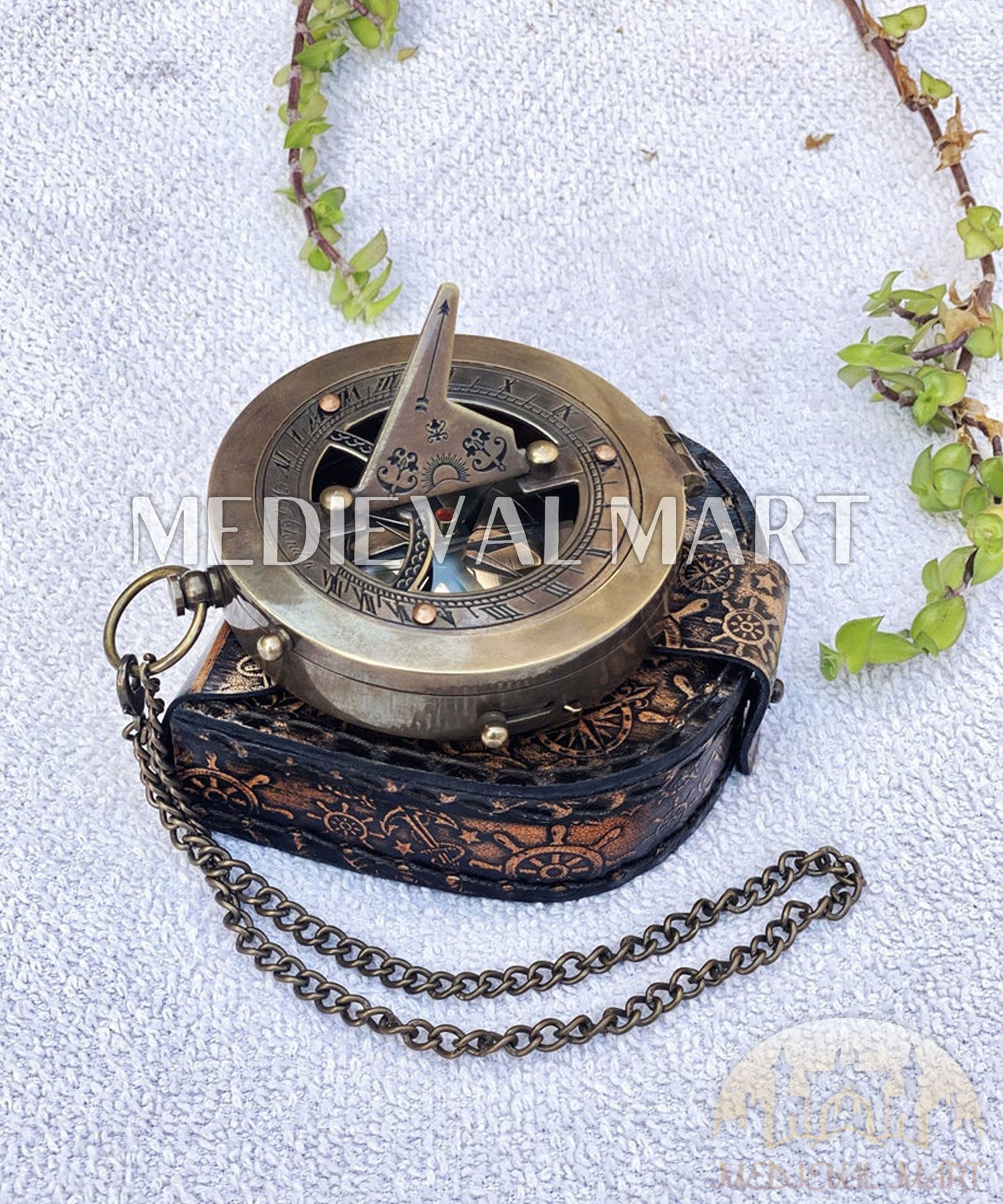 MEDIEVALMART Nautical Custom Engrave Sundial Clock Style Compass Gold Finish W/H Leather Case | Gift For Compass