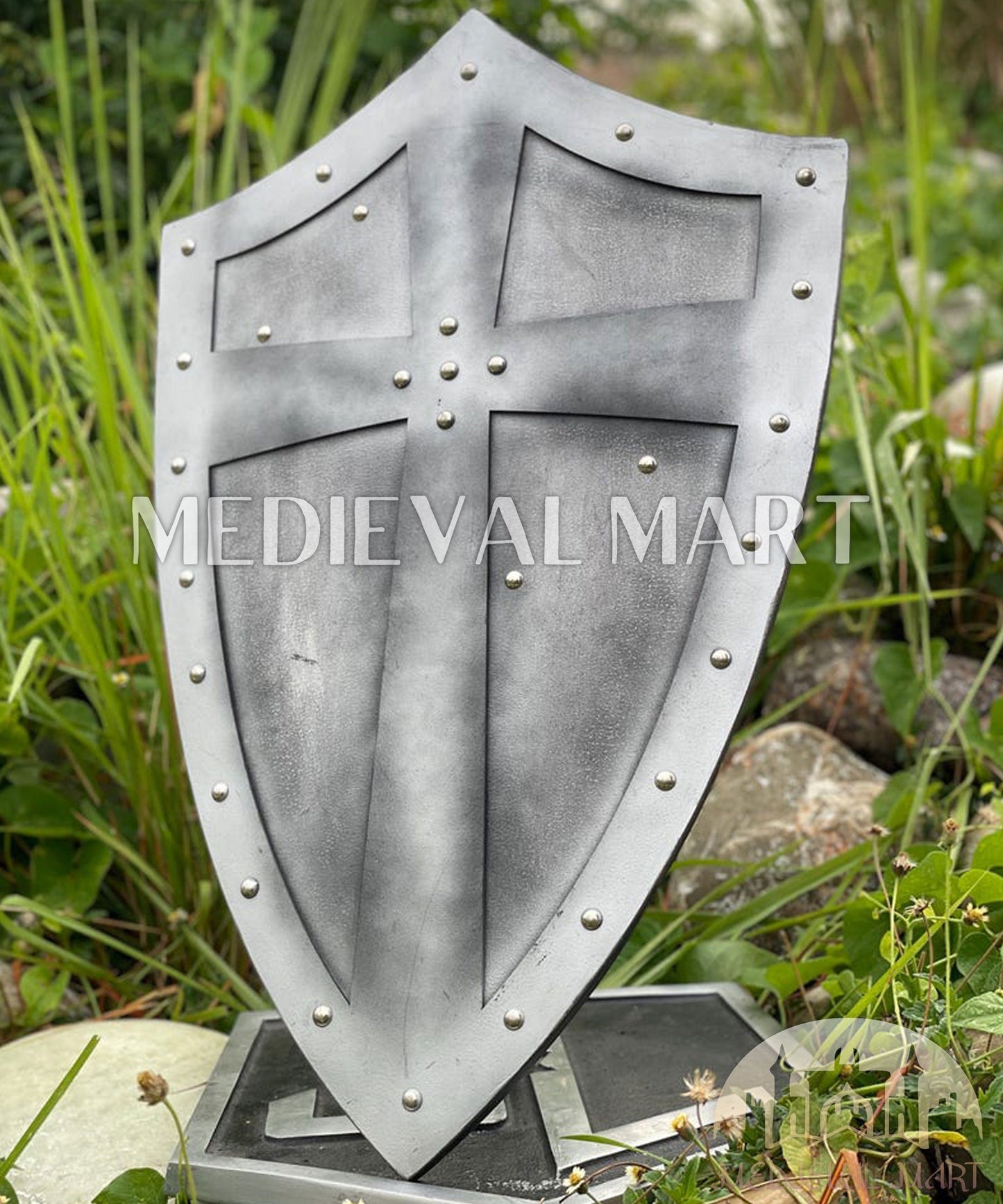 MEDIEVALMART Medieval Templar Salebi Cross Inspired Wooden Shield Black & Siver Finish | Gift for Christmas Day