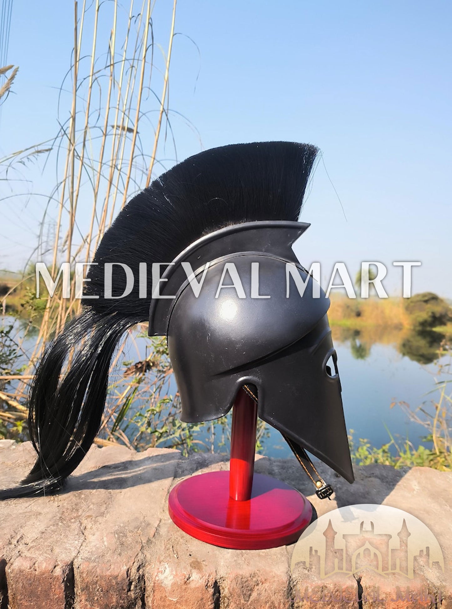 MEDIEVALMART Corinthian Greek Knight Crusader Black Finish Spartan Helmet W/H Free Stand | 300 Props