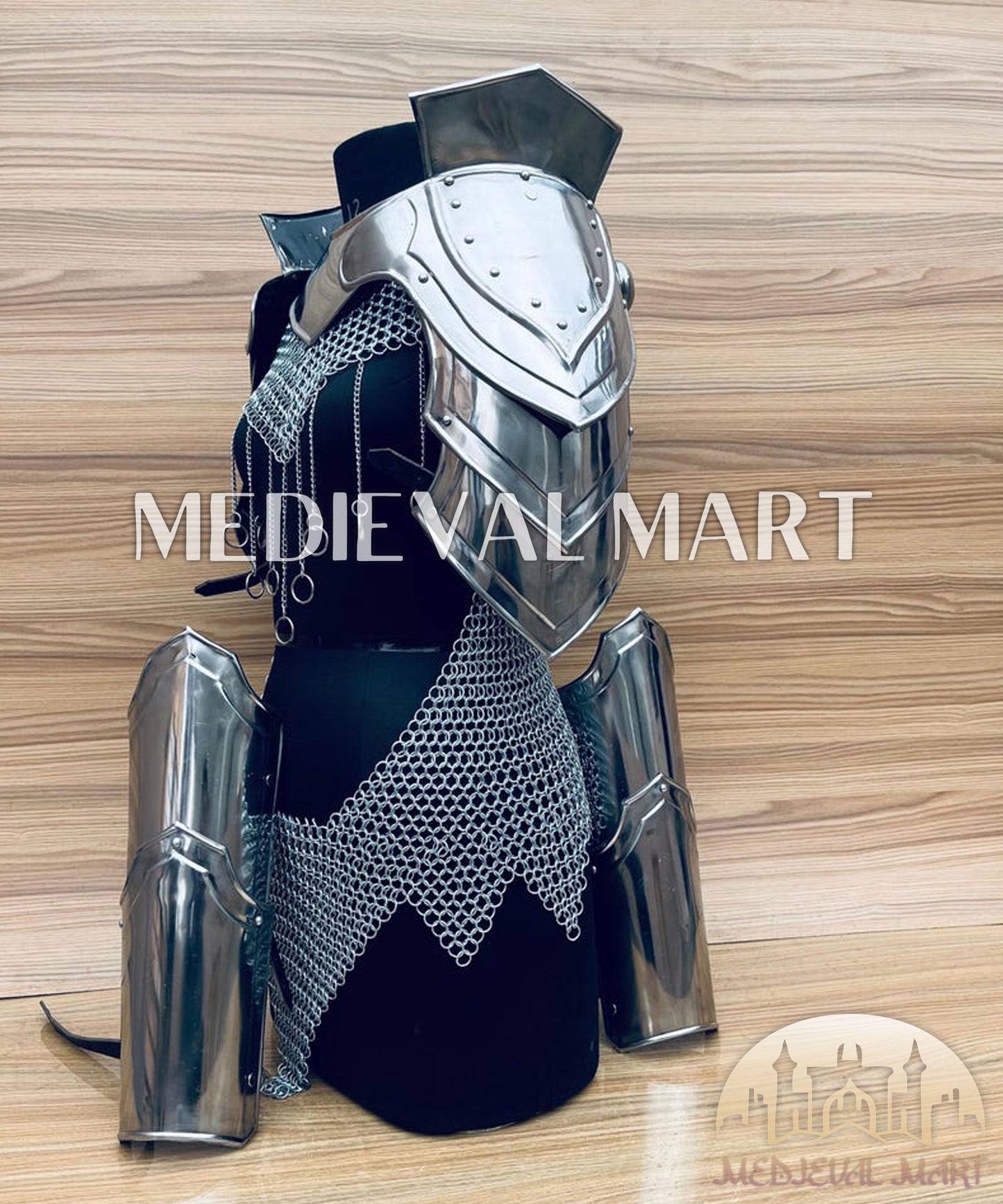 MEDIEVALMART (Isolara Dragonplate) Women’s Armor W/H (Sable Knight) Chainmail + Arms Armor