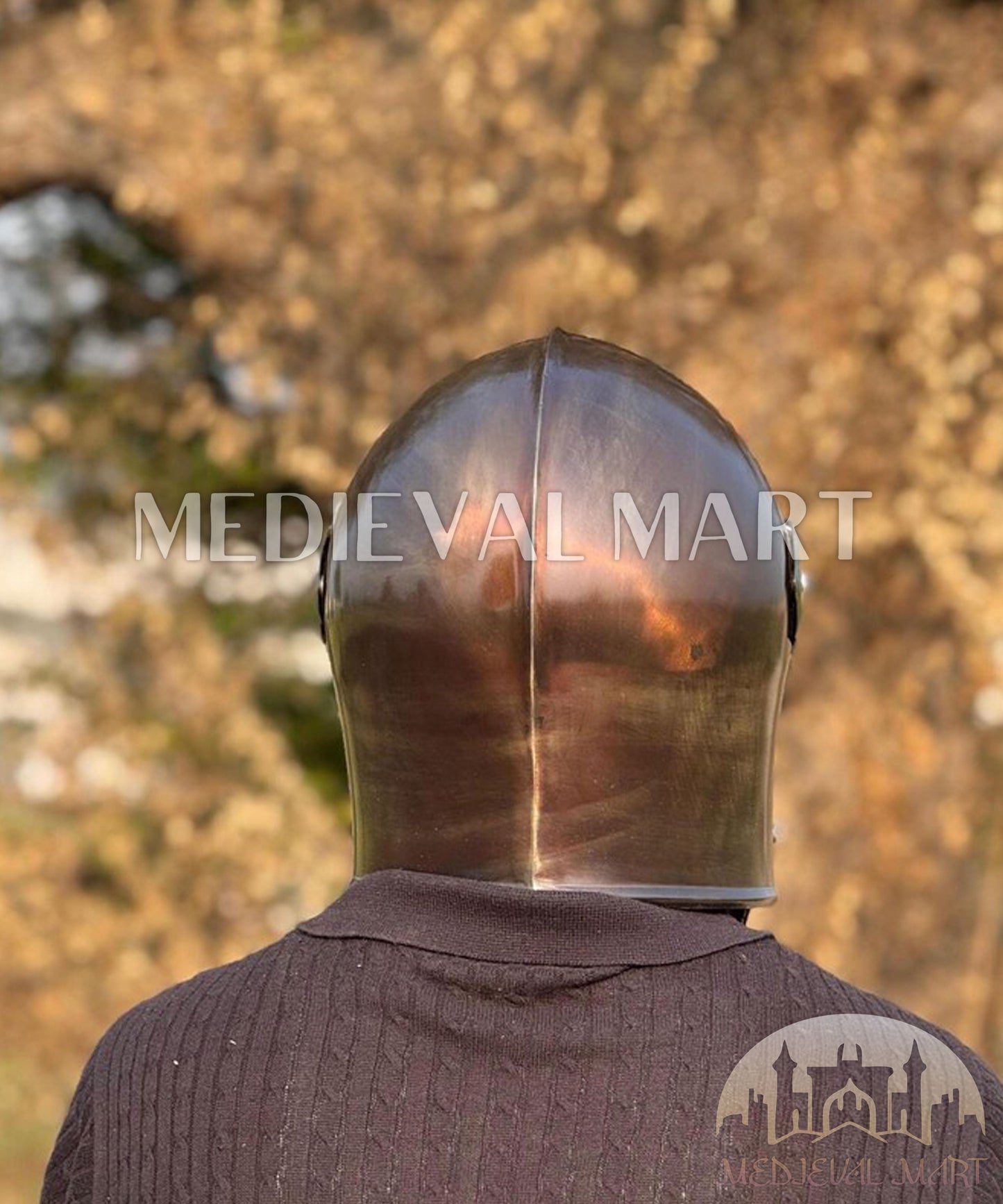 MEDIEVALMART Medieval Knight Armor 18g Mild Steel Burnished Antique Finish Barbuta Helmet for LARP or Cosplay - Gift For Dad