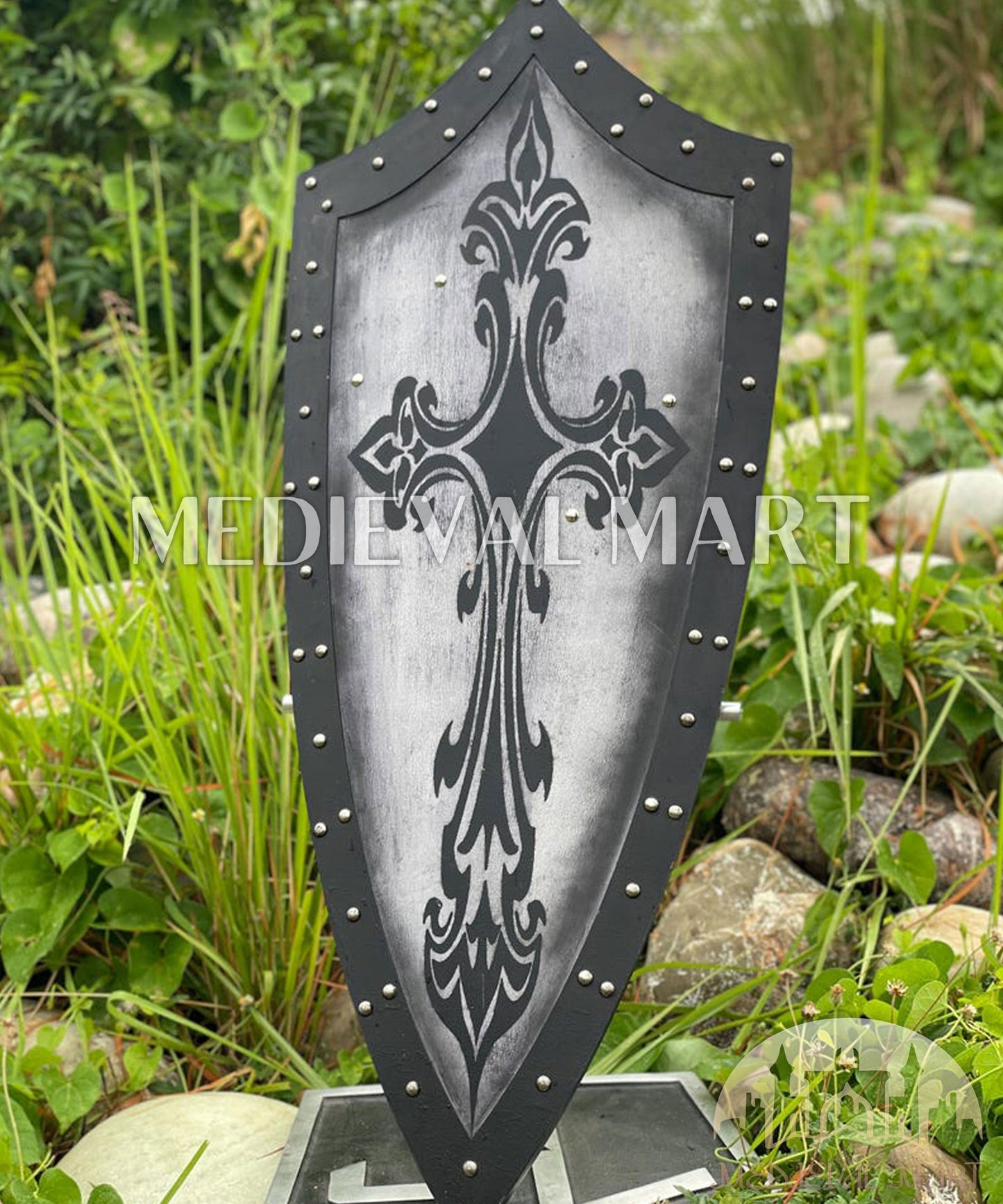 MEDIEVALMART Medieval Templar Spanian Cross Inspired Wooden Shield Black & Siver Finish | Gift for Christmas Day