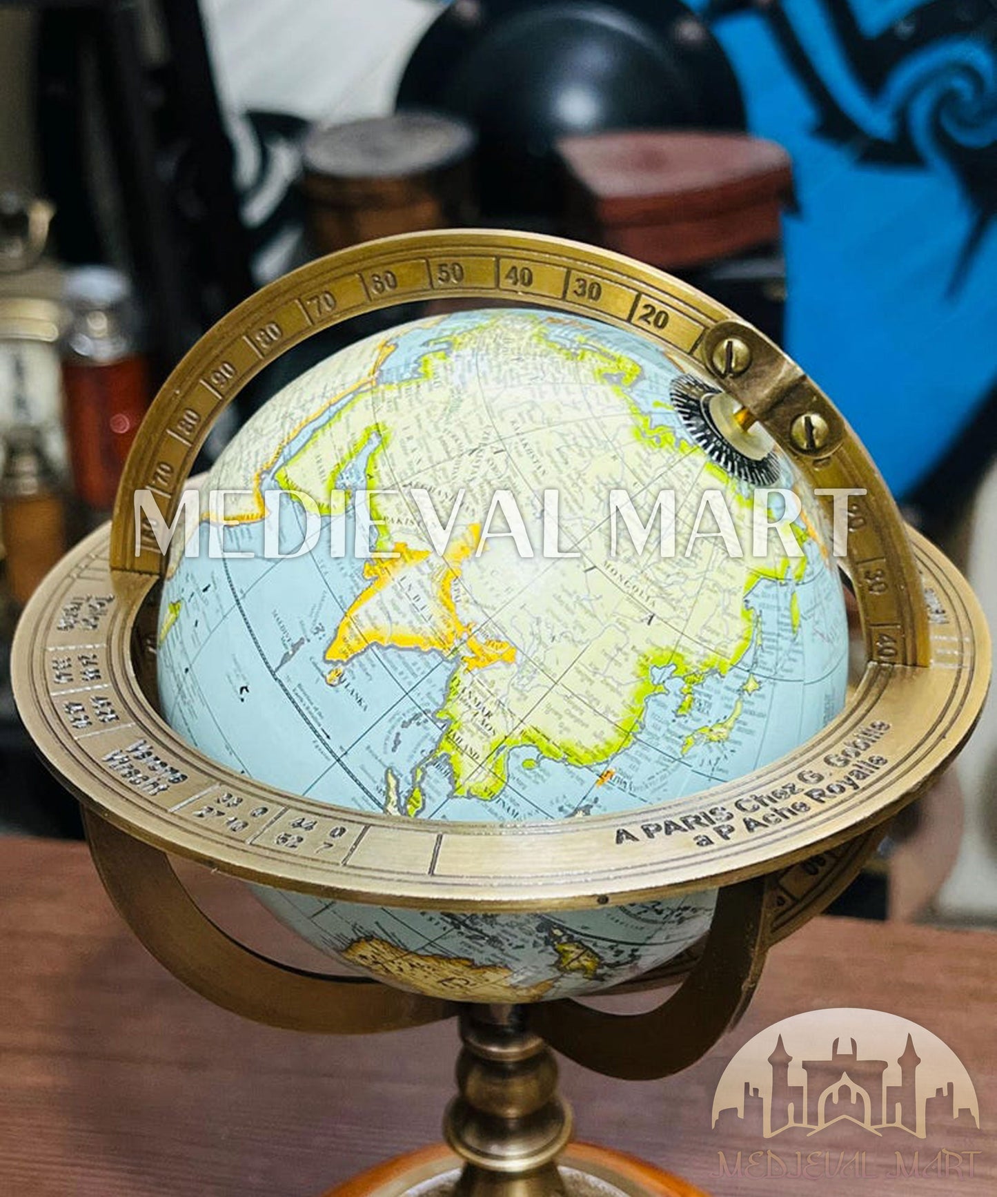 MEDIEVALMART Celestial Brass Armillary Sphere 6" Antique Globe with Black Gold Orb Scholar's Desk Sculpture Gift