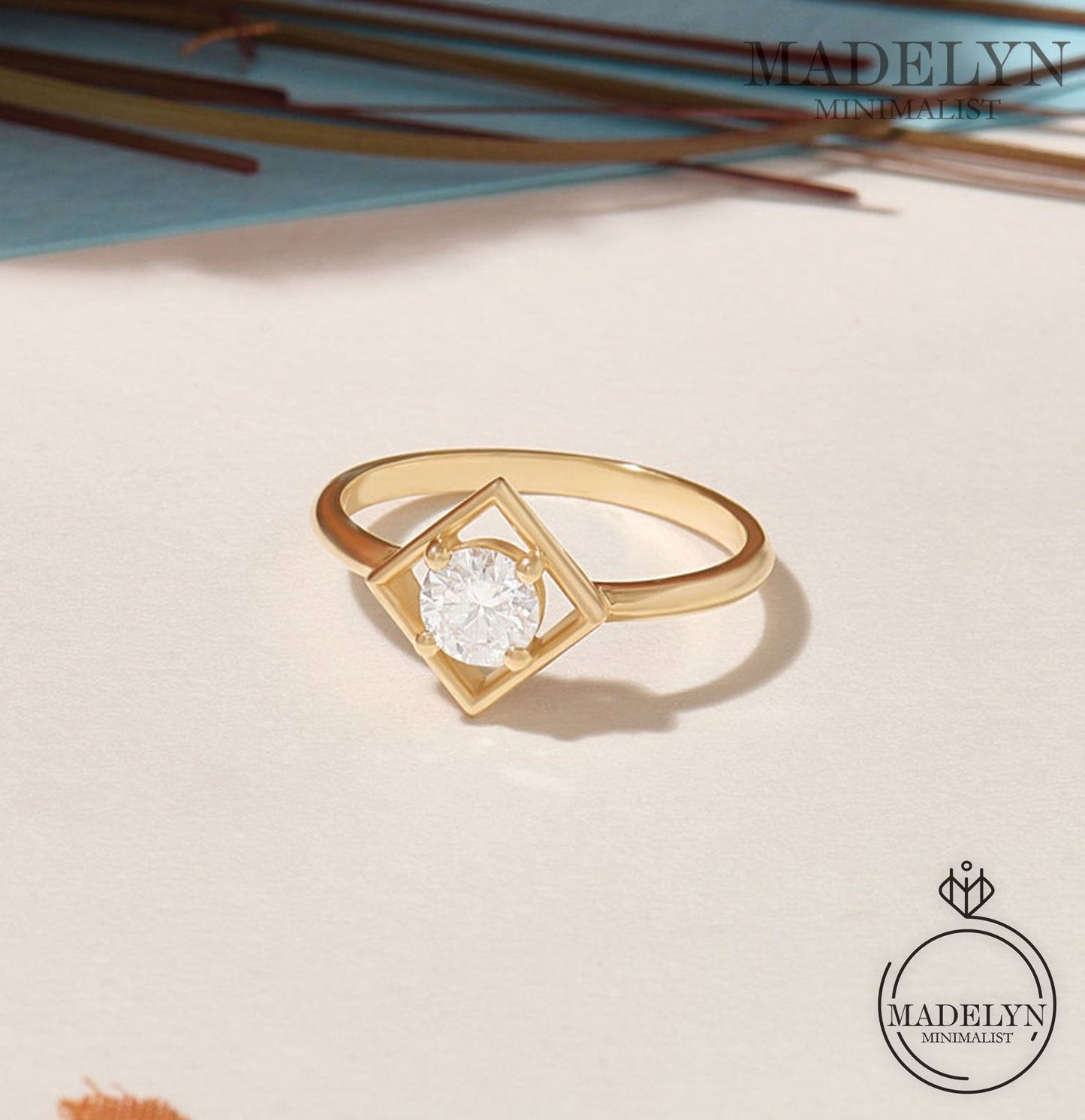 MADELYN MINIMALIST 14k Solid Gold Round Diamond Cz Ring, Dainty Square Shape Band Ideal for Everyday Wear | Gift for Her, Mom
