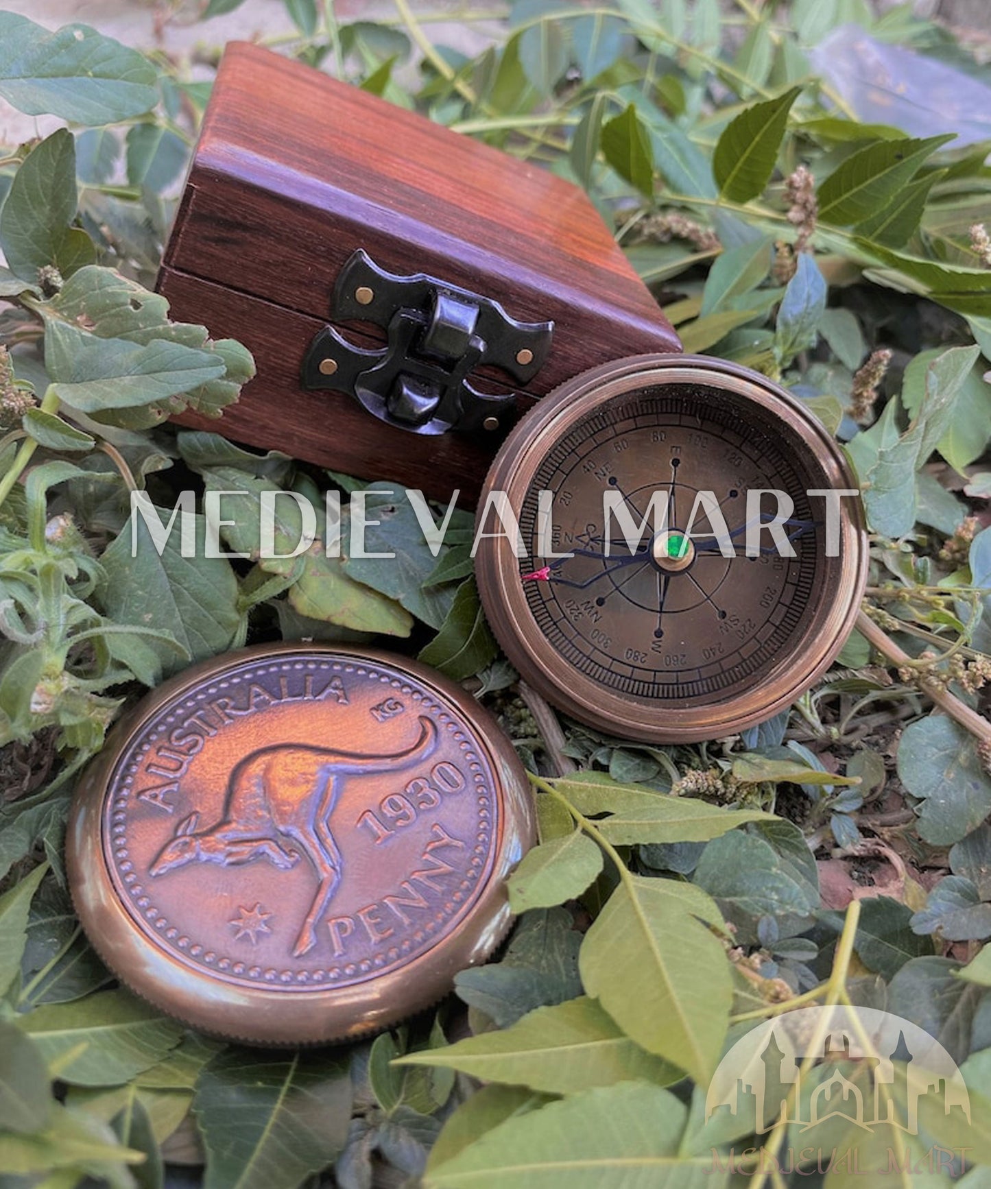 MEDIEVALMART Australian 1930 Antique Finish bandicoot Compass W/H Custom Wooden Case | Gifts For Mom & Dad
