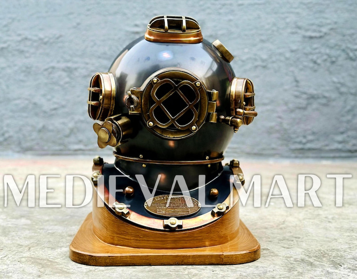 MEDIEVALMART Antique Black Finish Diving Helmet With Wooden Base