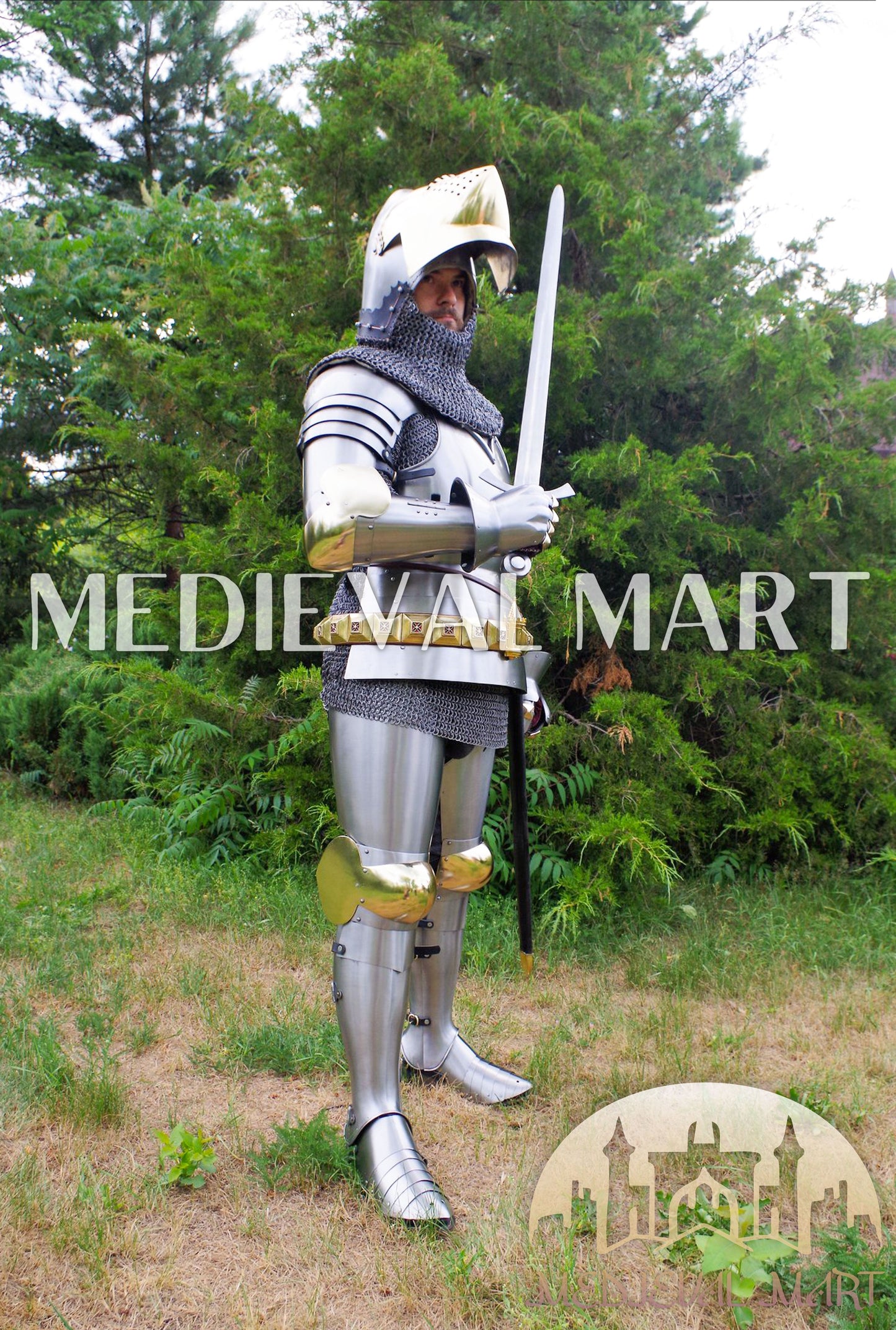 MEDIEVALMART Historical Knight Full Body Steel Armor Suit W/H Hundsgugel Helmet, Cuirass Stop Rib or Brass Touch