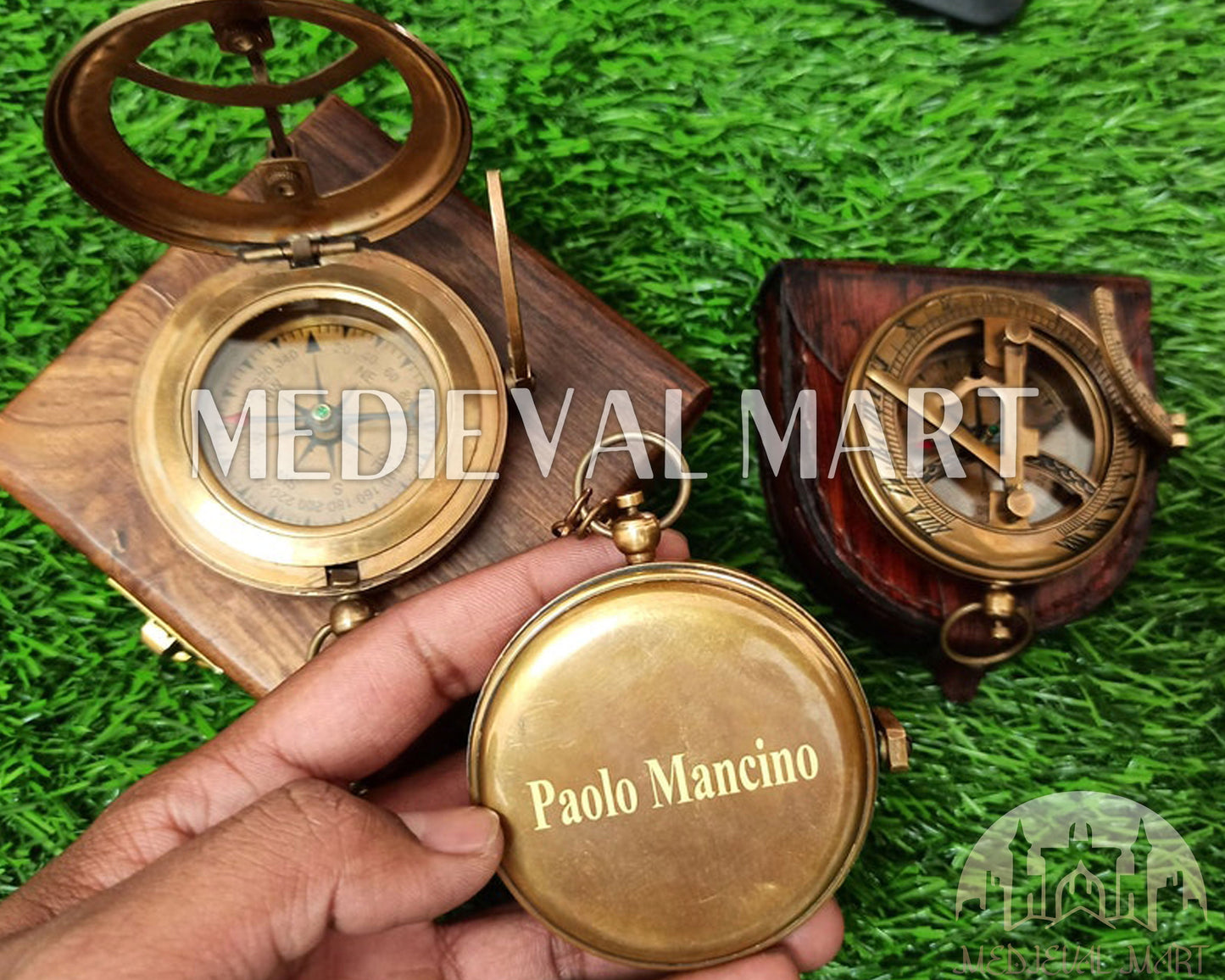 MEDIEVALMART Personal Engrave Sundial Clock Nautical Compass W/H Gen-1 Wooden Box | Gift For Her