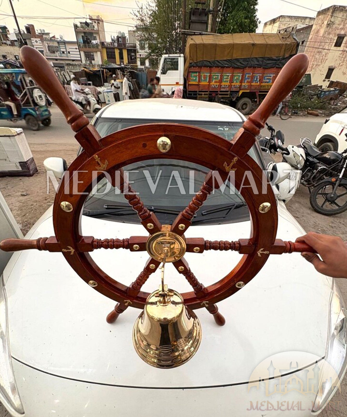 MEDIEVALMART Nautical Wooden "Brown" Ship Wheel With Brass Bell for Wall Decor