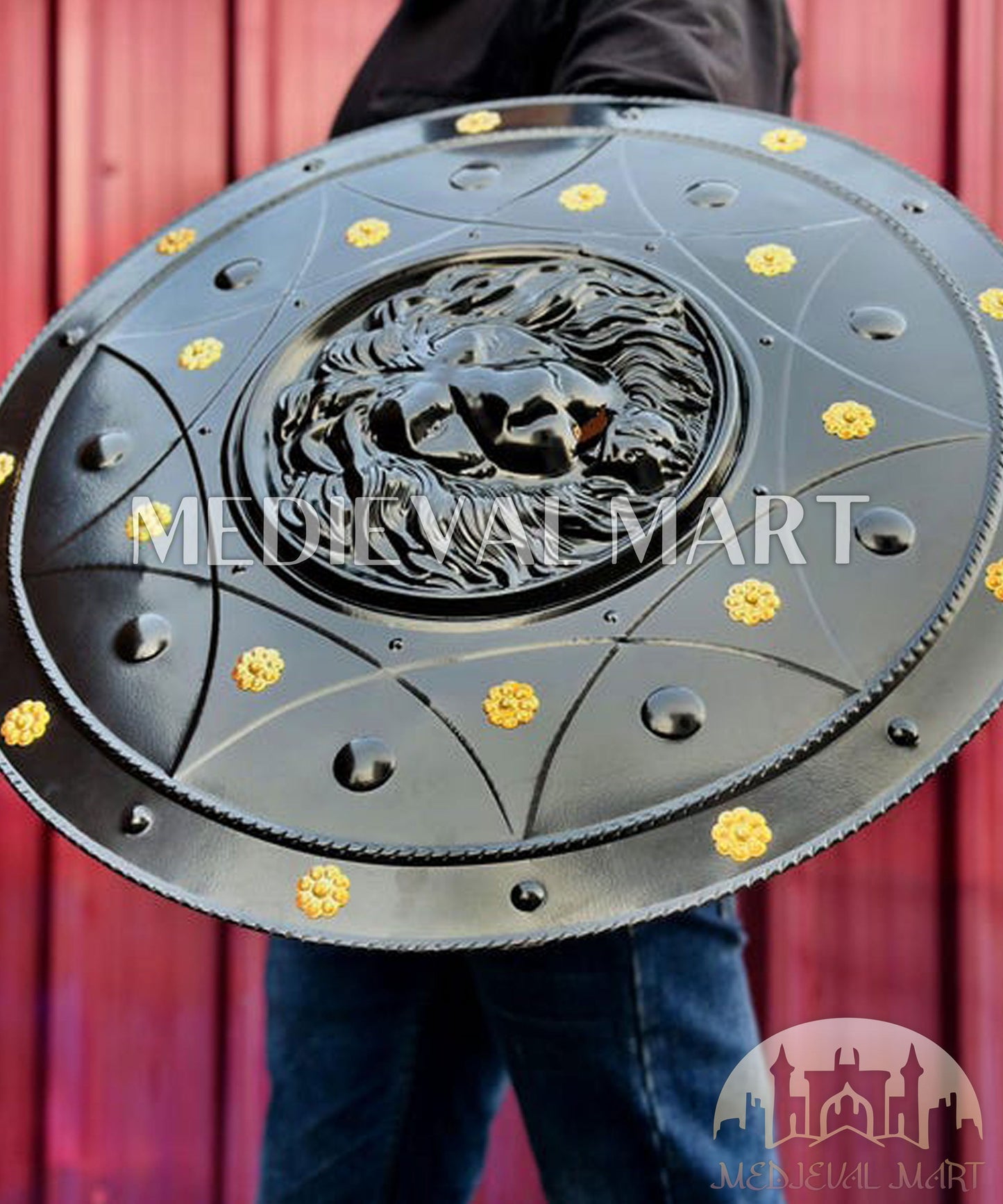 MEDIEVALMART Medieval Spartan Exclusive Gold Lion Face Shield W/H Black Finish | Gift for Dad
