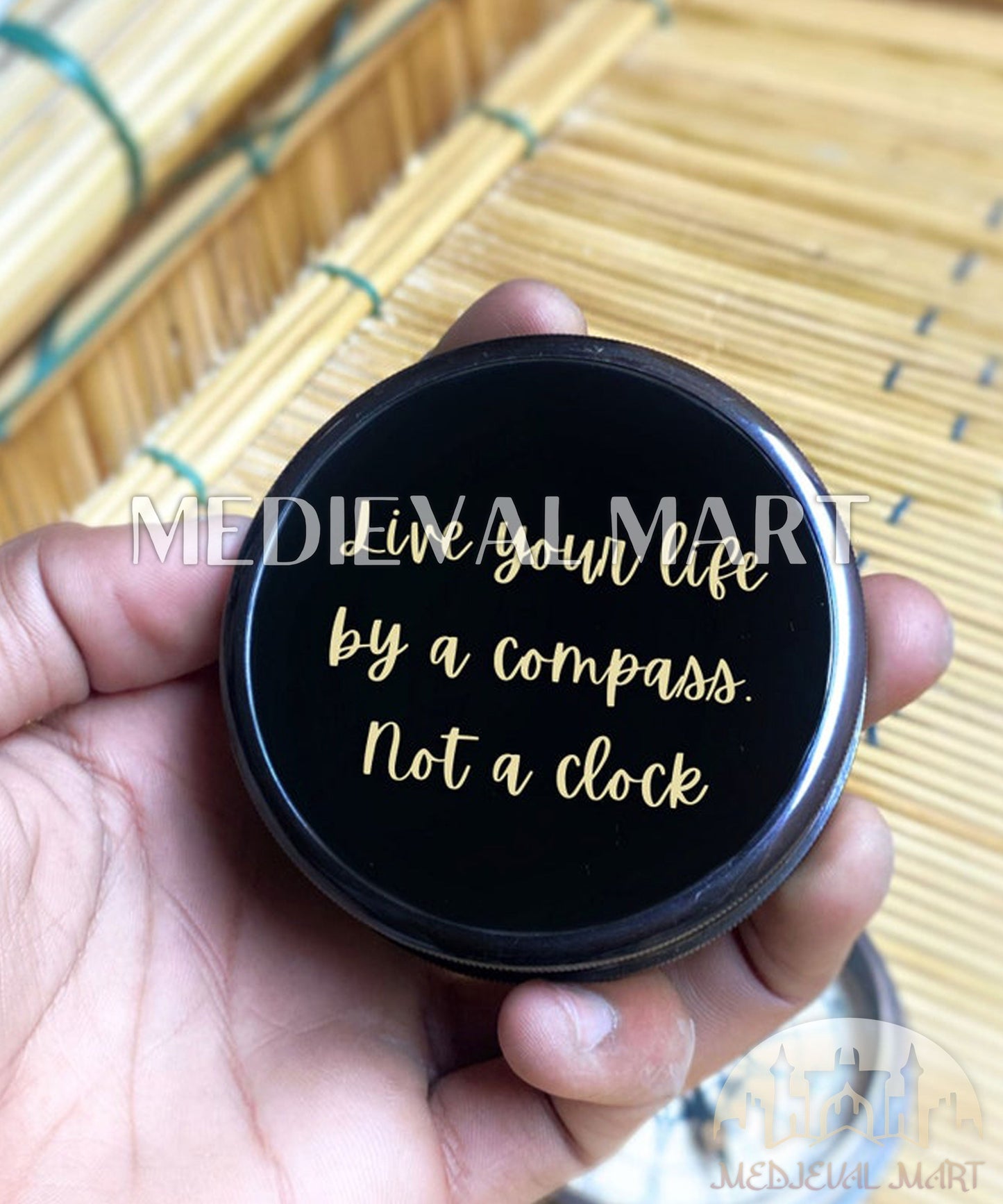 MEDIEVALMART Nautical Engrave Adventure Compass Black Finish W/H Gen-1 Wooden Case | Gift For Him