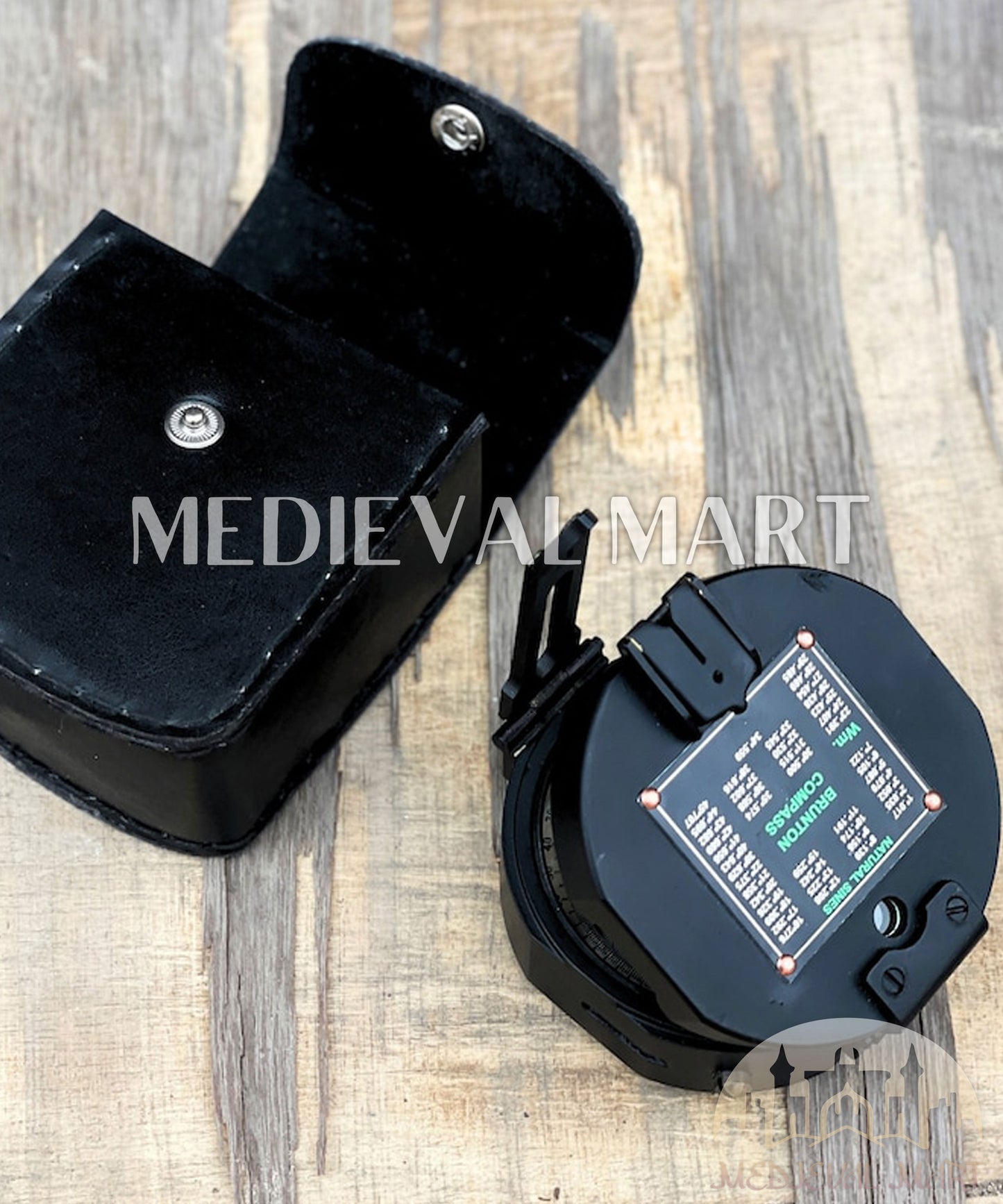 MEDIEVALMART Nautical Brass Brunton Working Compass Black Finish W/H Leather Case | Gift For Him