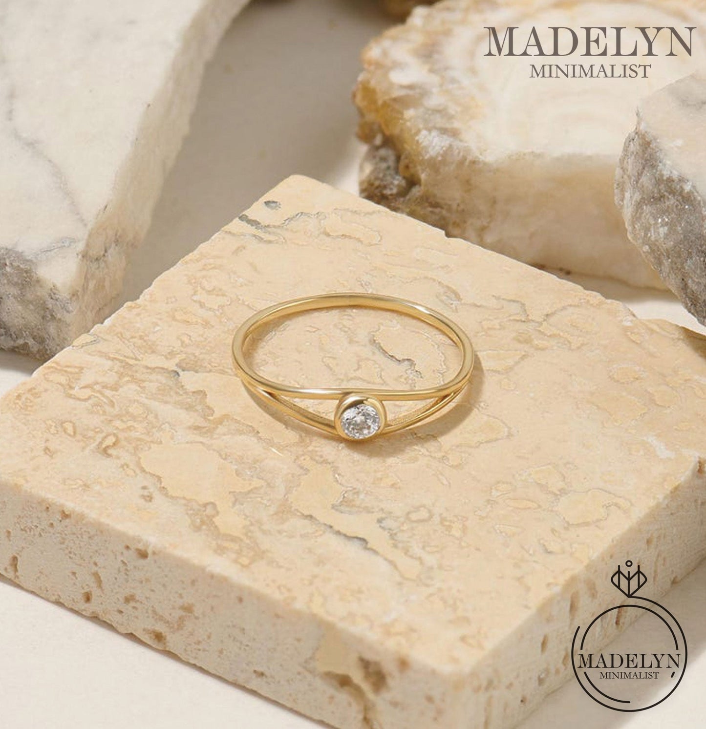 MADELYN MINIMALIST 14k Solid Gold Dainty Split Shank Solitaire Engagement Ring for Women | Gift For Mom