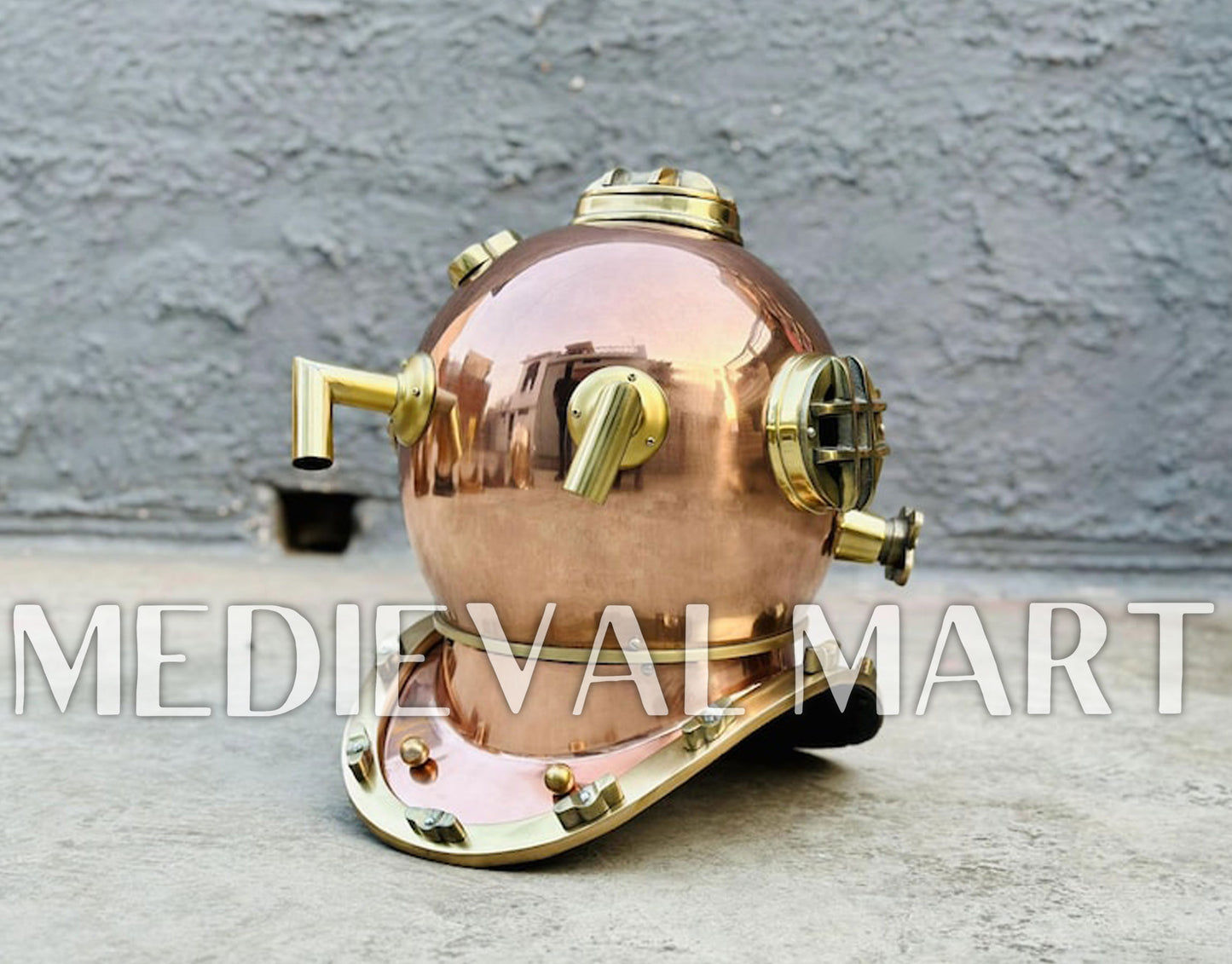 MEDIEVALMART Nautical Rose Gold Finish Diving Helmet With Wooden Base