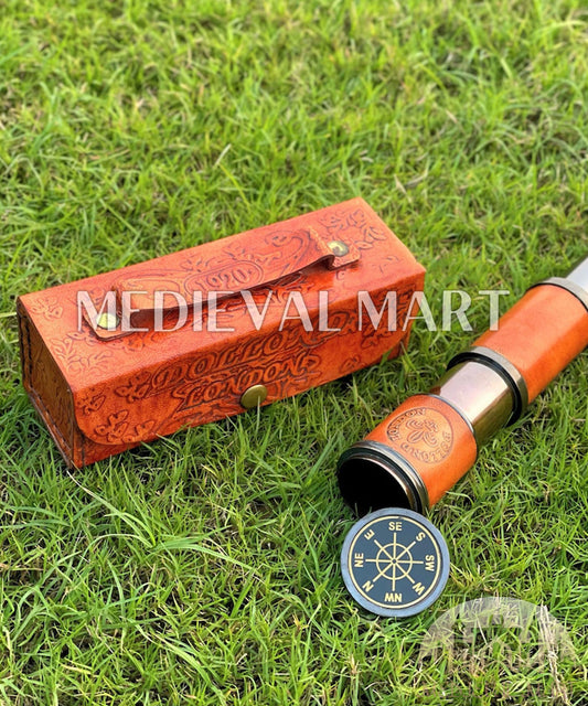 MEDIEVALMART Nautical Spyglass Antique Brass Engraved Telescope W/H Red Leather Case