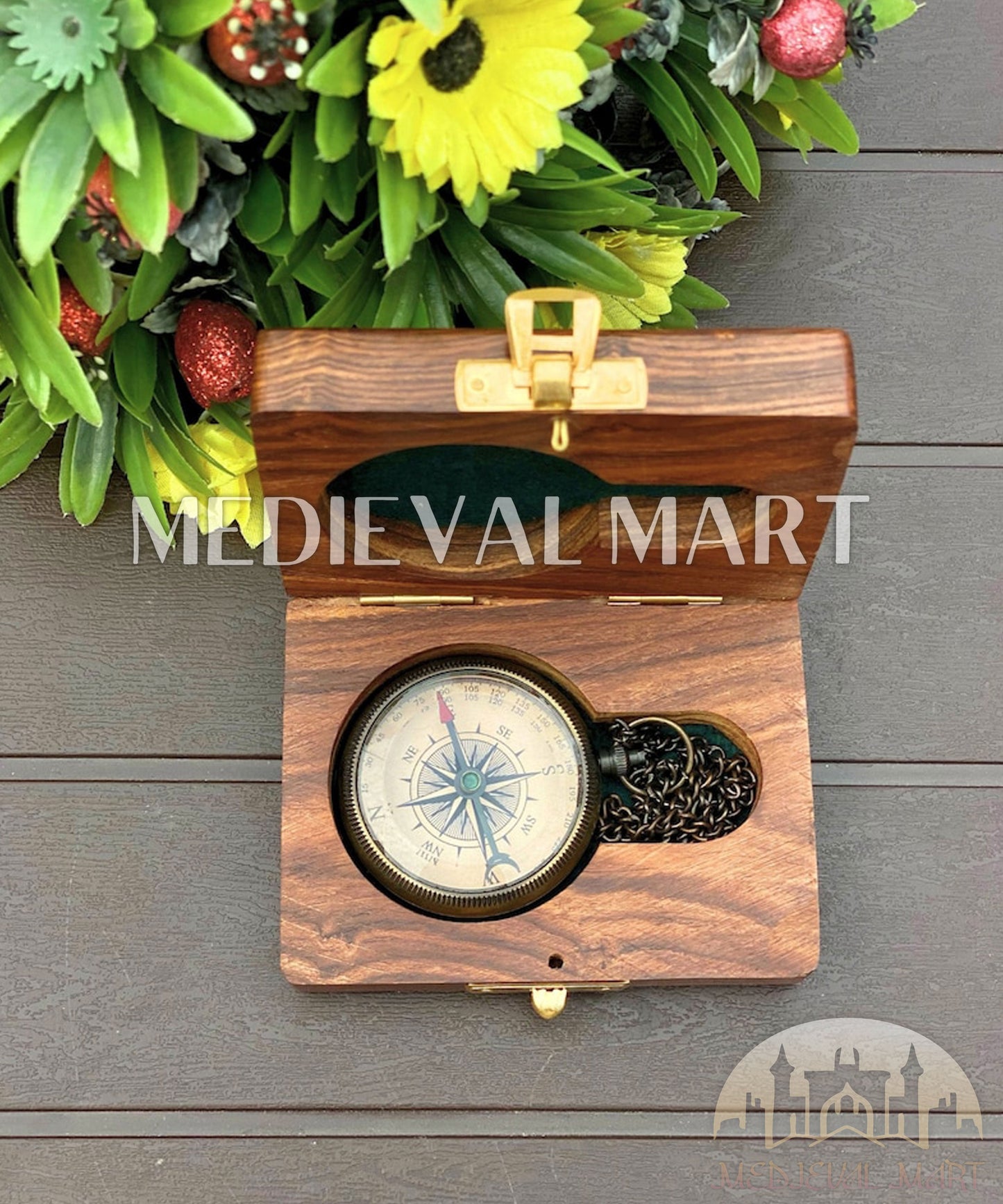 MEDIEVALMART Personalized Antique Finish Locket Compass W/H GEN-2 Custom Wooden Case | Gifts For Her or Mom