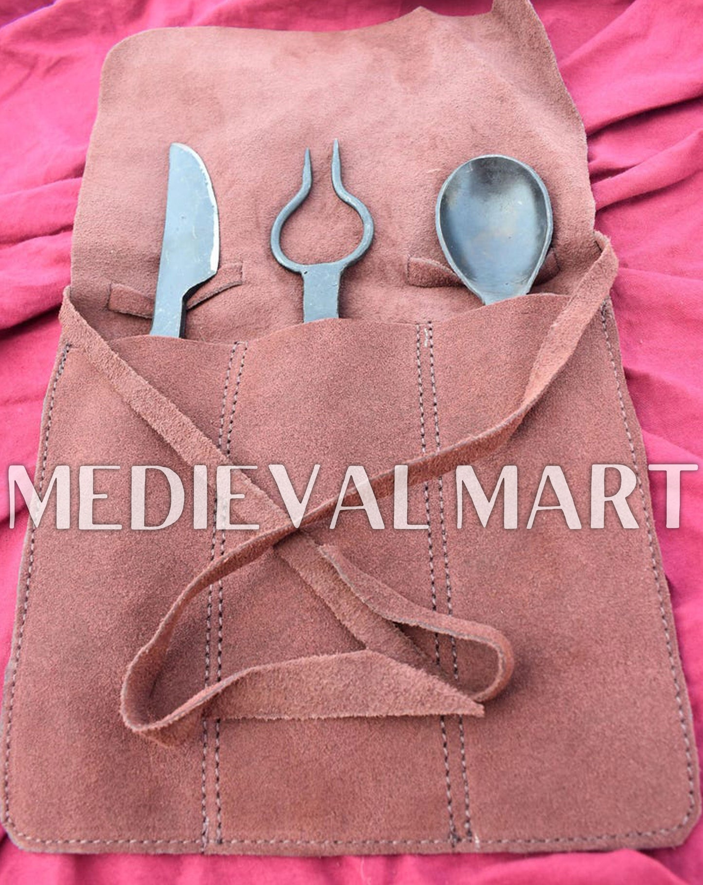 MEDIEVALMART Hand Forged Medieval Cutlery Set With Suede Leather Pouch