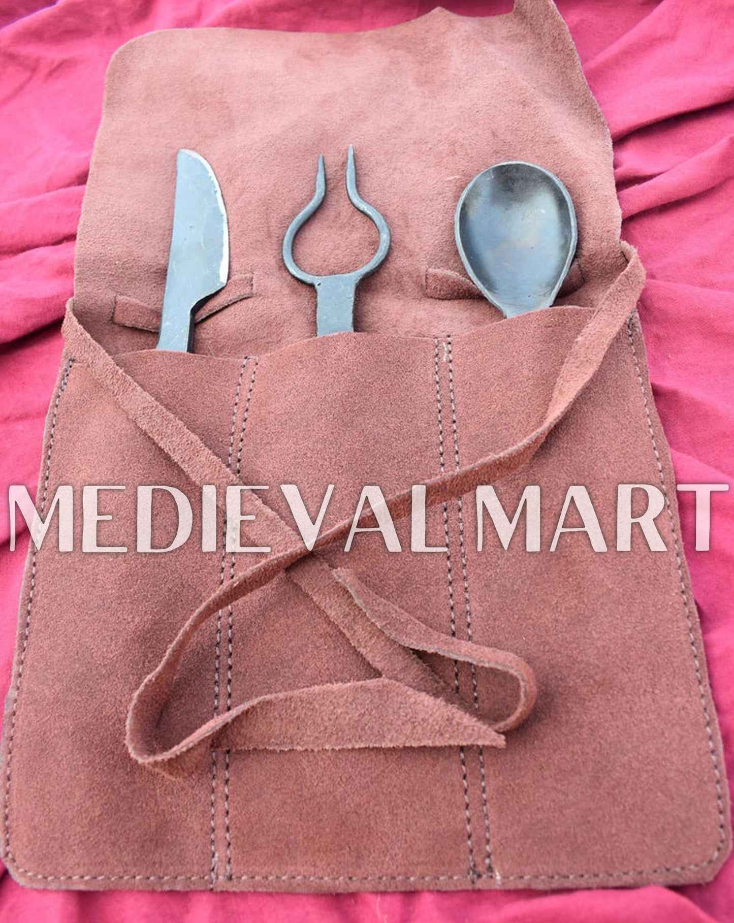 MEDIEVALMART Hand Forged Medieval Cutlery Set With Suede Leather Pouch