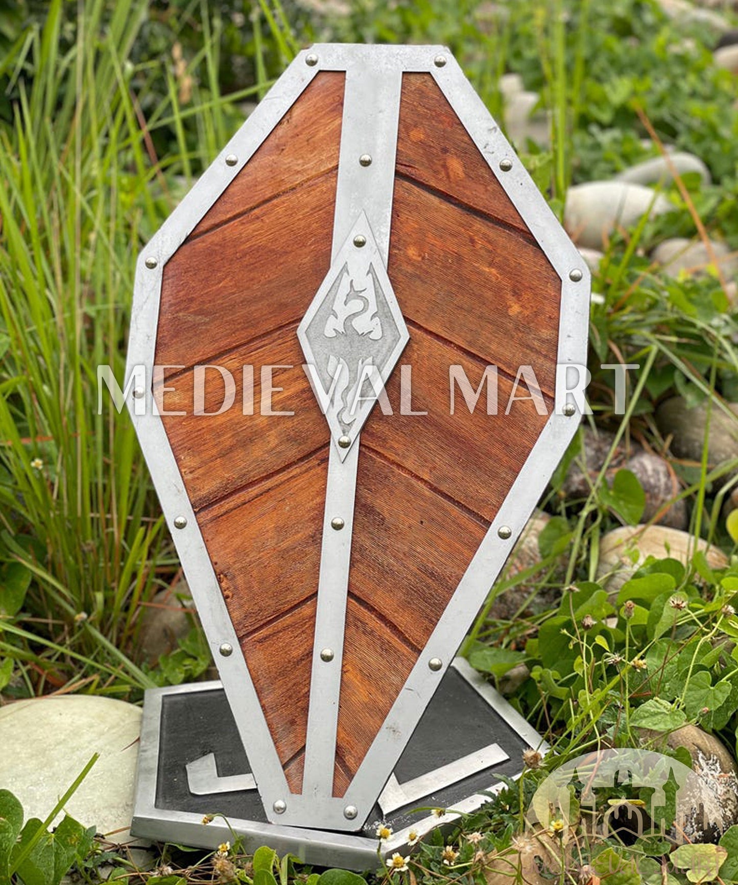 MEDIEVALMART Center Dragon Emblem Fireborn Viking Wooden Shield | Gift for Dad