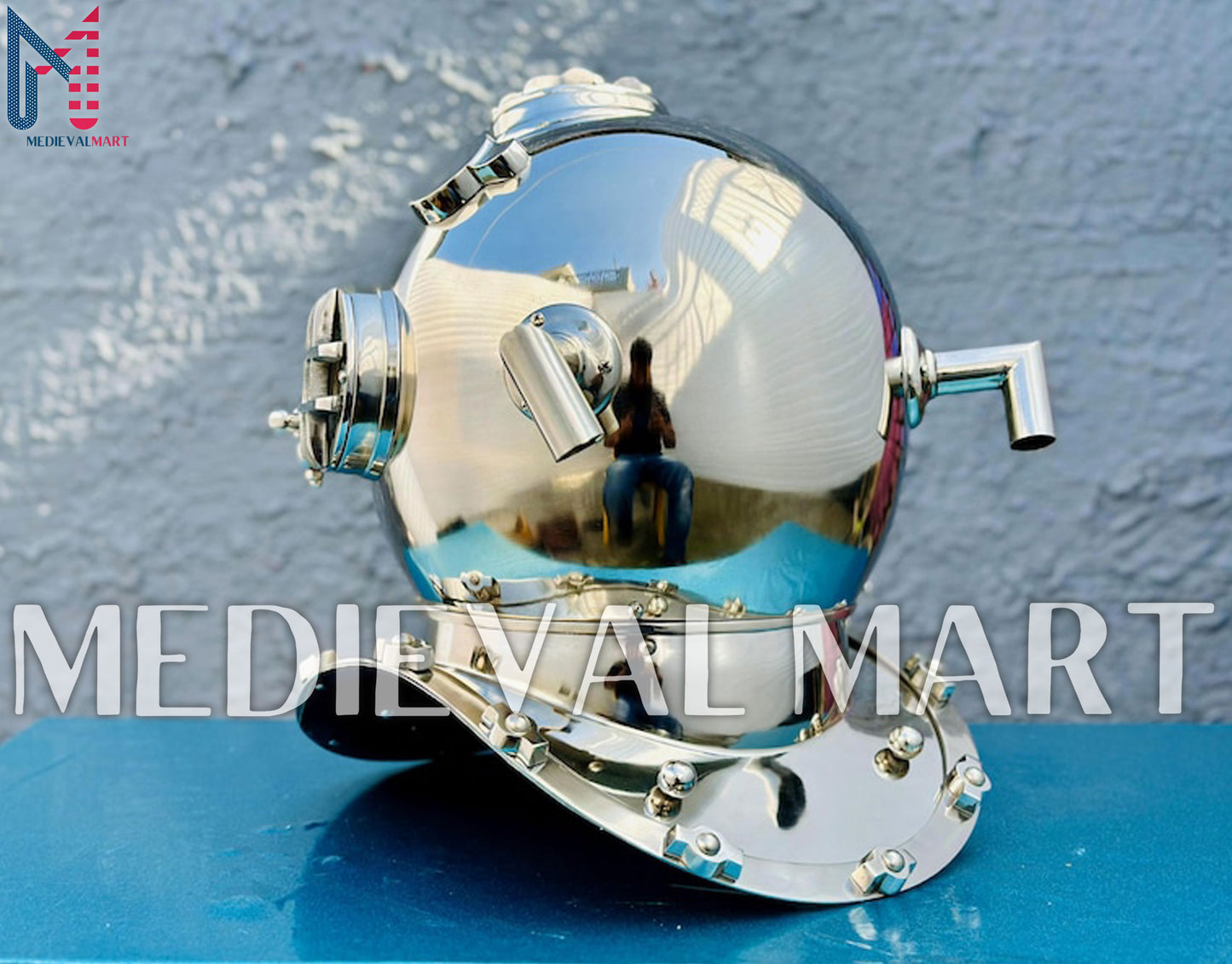 MEDIEVALMART Nautical Chrome Plated Diving Helmet With Wooden Base