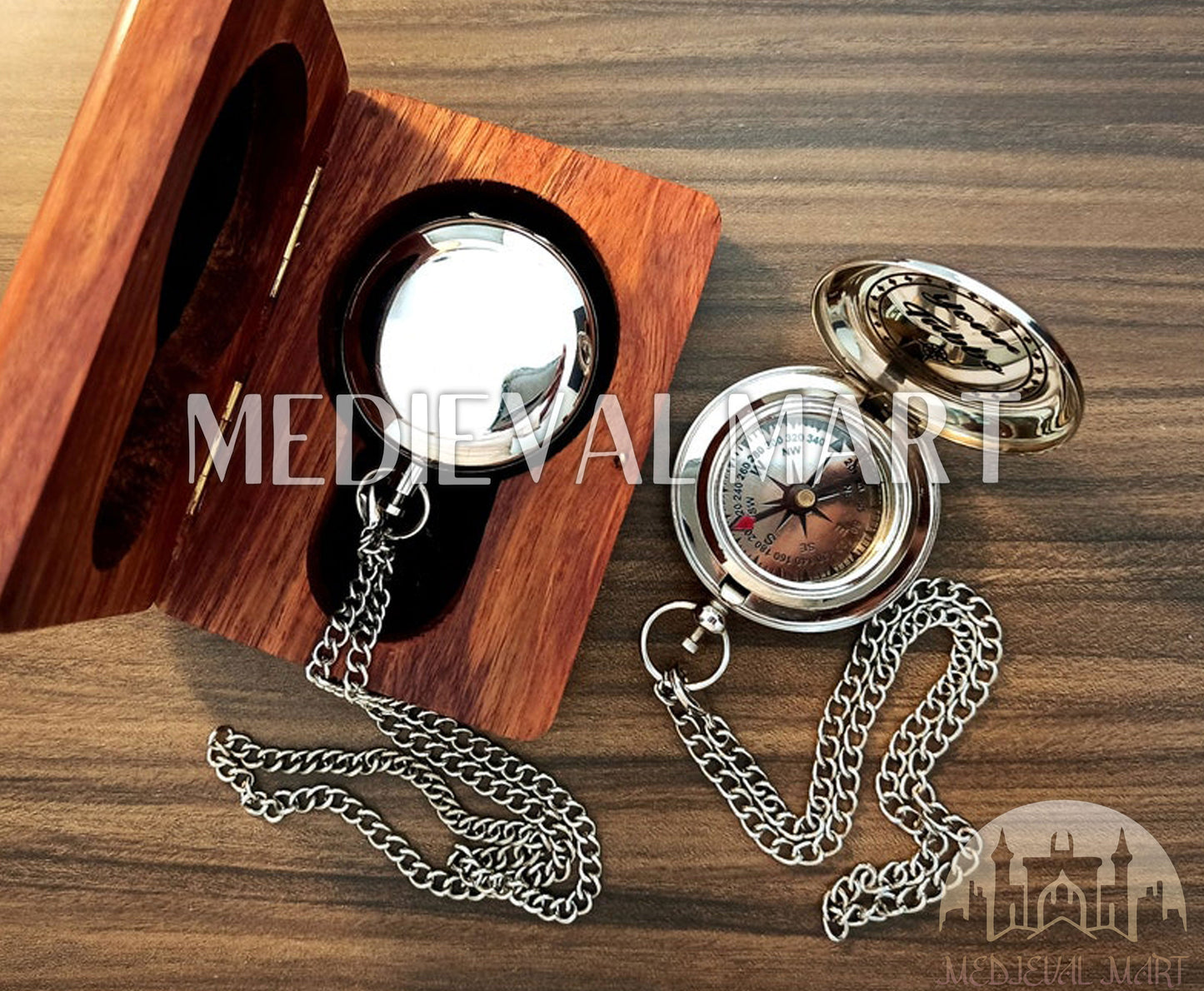 MEDIEVALMART Personalized Cute Pocket Compass Chrome Finish W/H GEN-2 Wooden Box | Gift For Her