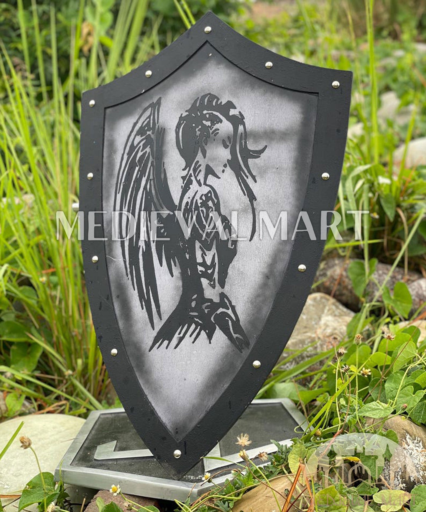 MEDIEVALMART Medieval Templar Devil Angel Inspired Wooden Shield Black & Siver Finish | Gift for Christmas Day