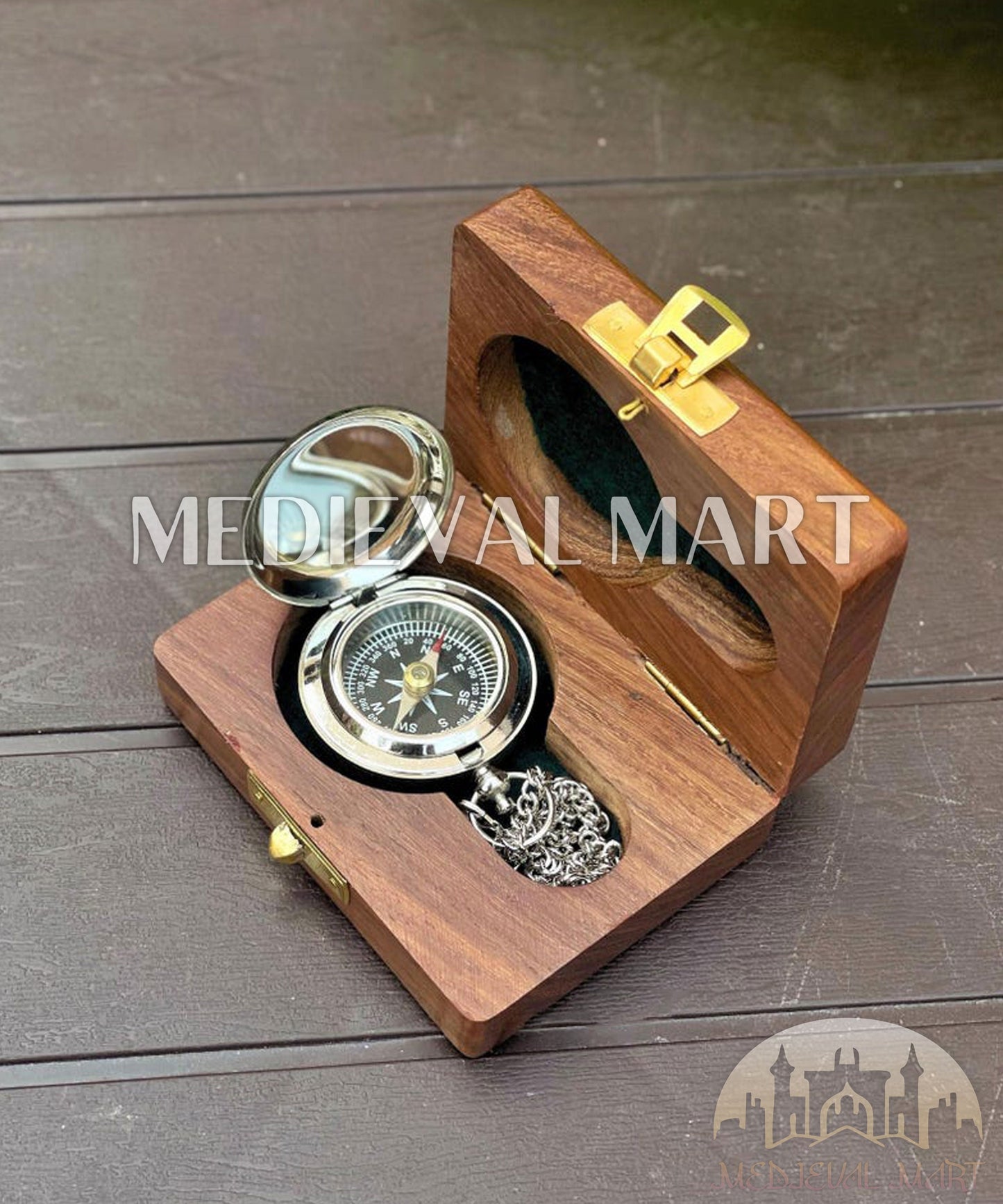 MEDIEVALMART Chrome Plate Nautical Engrave Locket Compass Silver Finish W/H Gen-2 Wooden Case | Gift For Mom