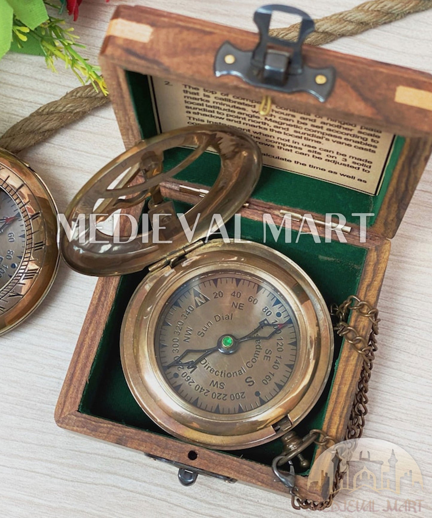 MEDIEVALMART Personalized Nautical Sundial Pocket Compass Antique Finish W/H Gen-1 Wooden Case | Gift For Mom