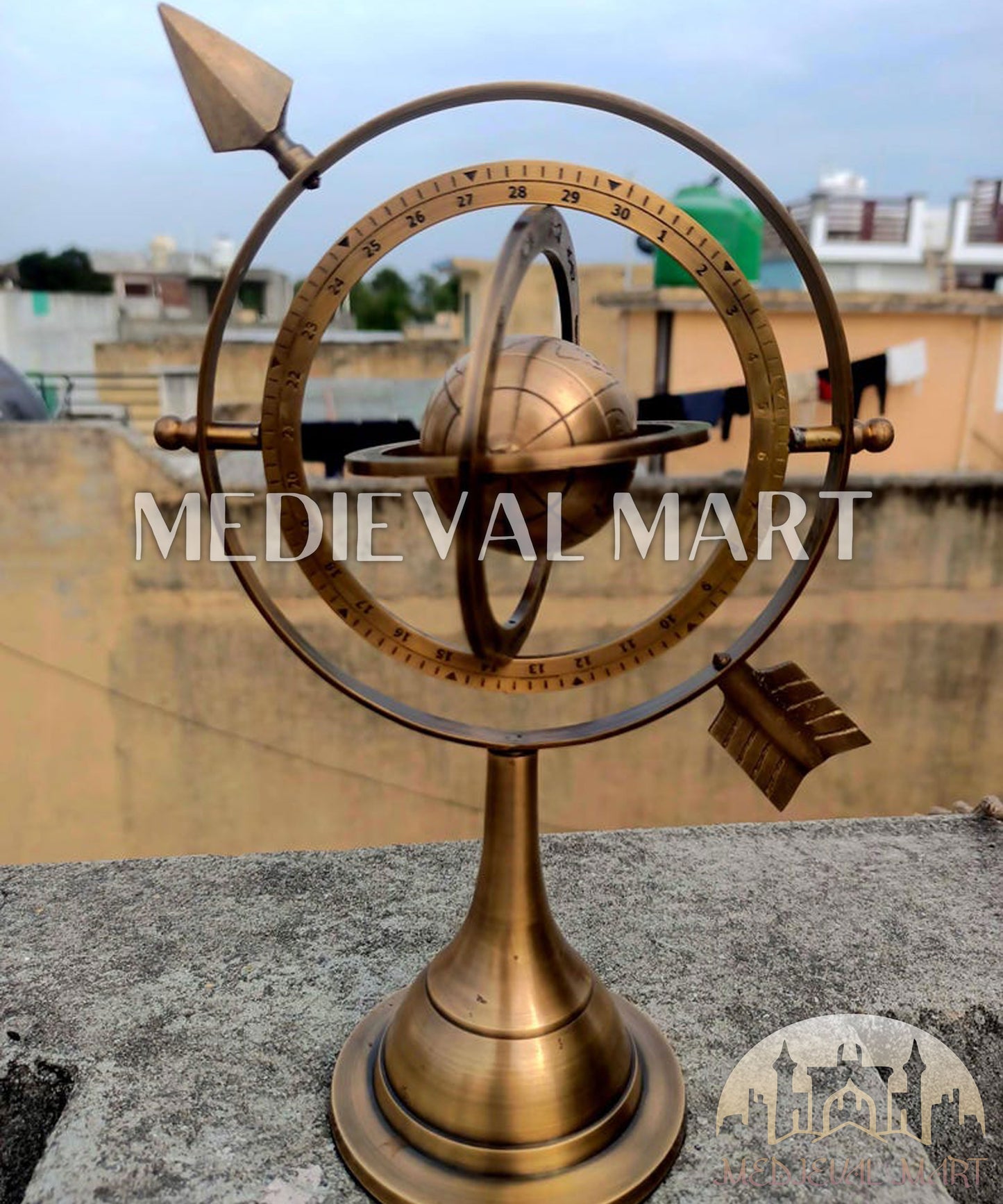 MEDIEVALMART Handmade Brass Armillary Sphere with Arrow: Nautical Astrolabe Globe Gift For Dad