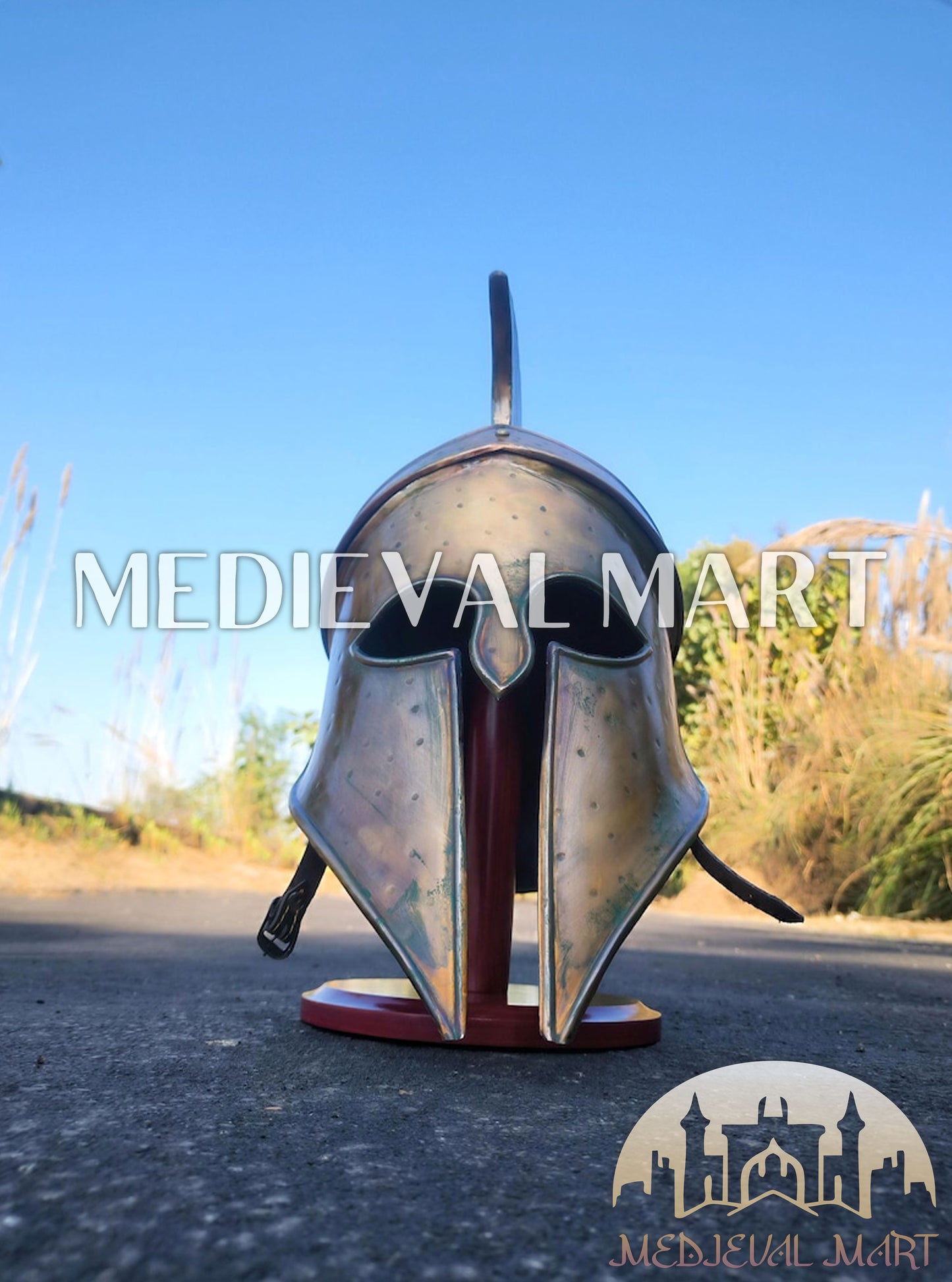MEDIEVALMART Corinthian Greek Knight Crusader Spartan Helmet W/H Free Stand | 300 Props
