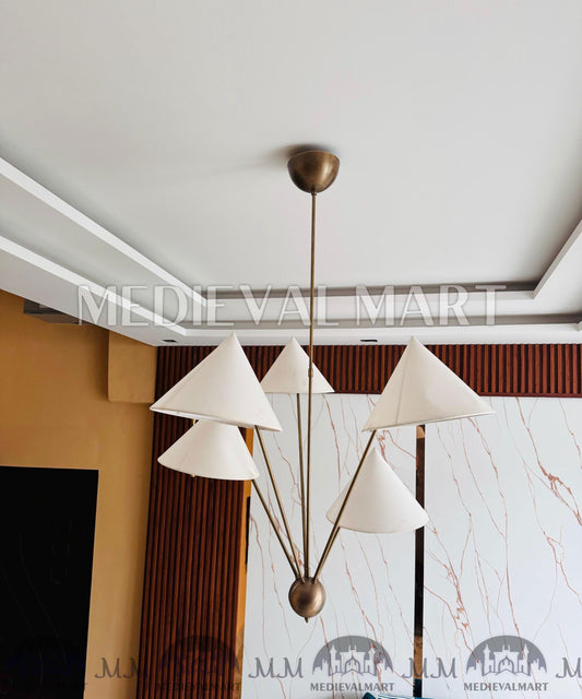 MEDIEVALMART Hand Crafted Brass Sputnik Chandelier with Linen Shades | Modern 5 Arm Chandelier Light Fixture