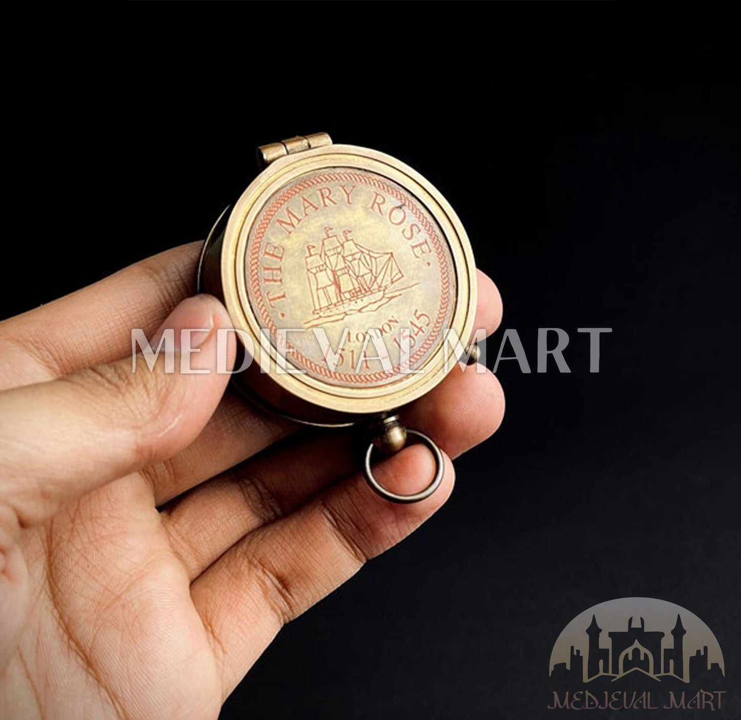 MEDIEVALMART Nautical Brass Engrave Sun Clock Texture Compass Gold Finish W/H Leather Case | Gift For Dad & Son