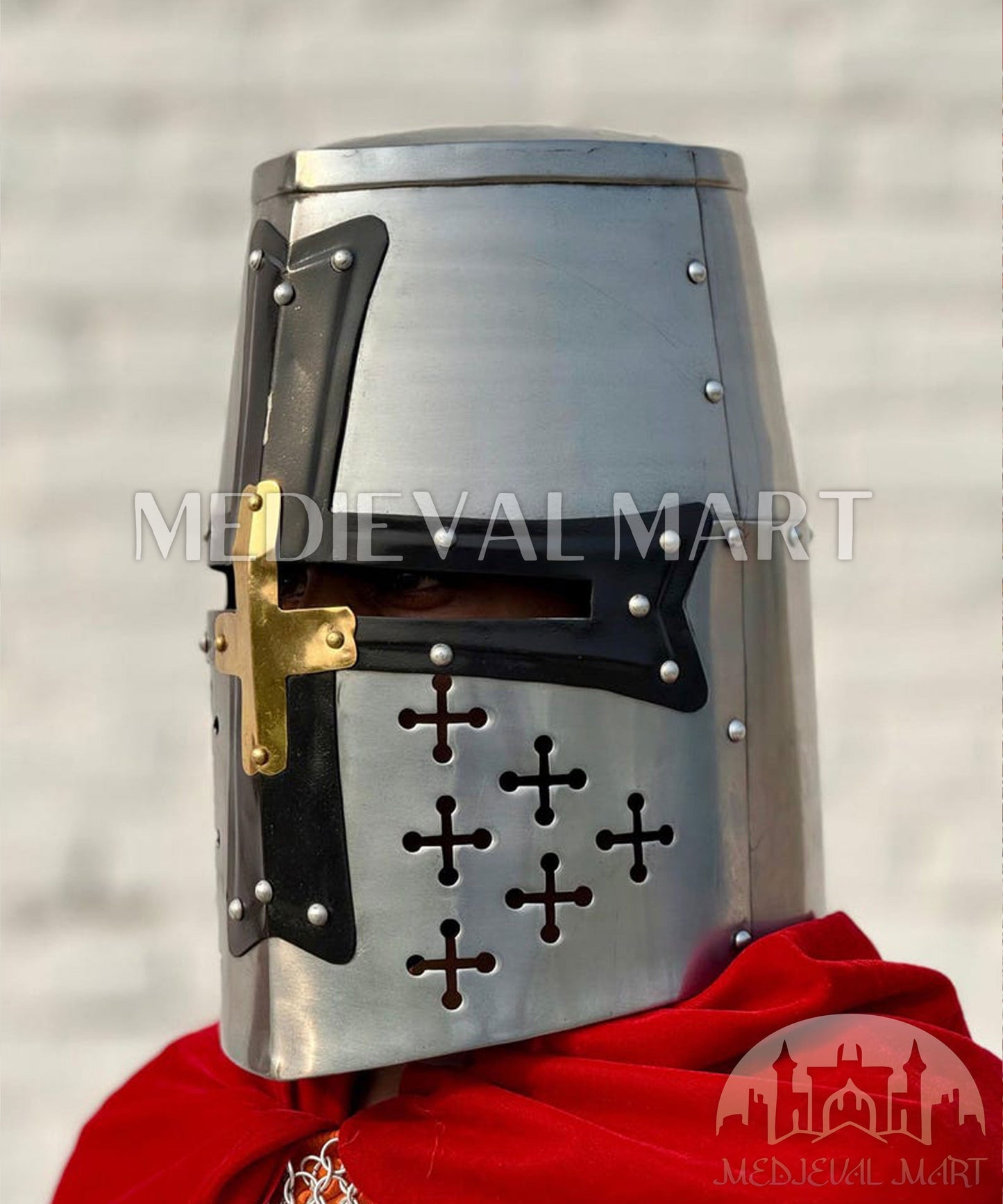 MEDIEVALMART Medieval Great Templar Crusader Knight Helmet W/H Black & Brass Deco for LARP or Cosplay - Gift For Dad