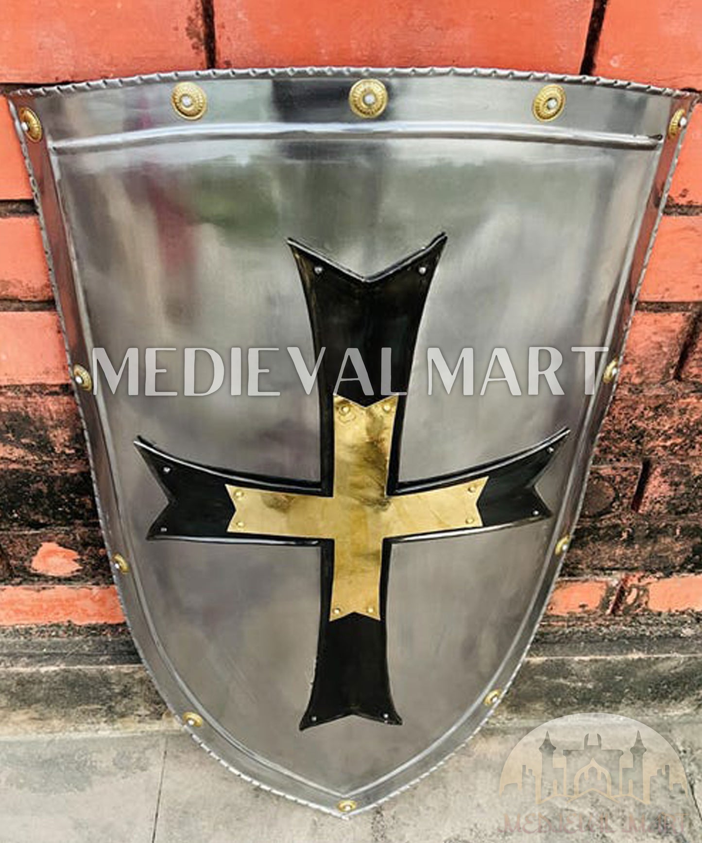 MEDIEVALMART Medieval Crusader Knight Templar Shield W/H Brass & Black Cross | Gift for Dad