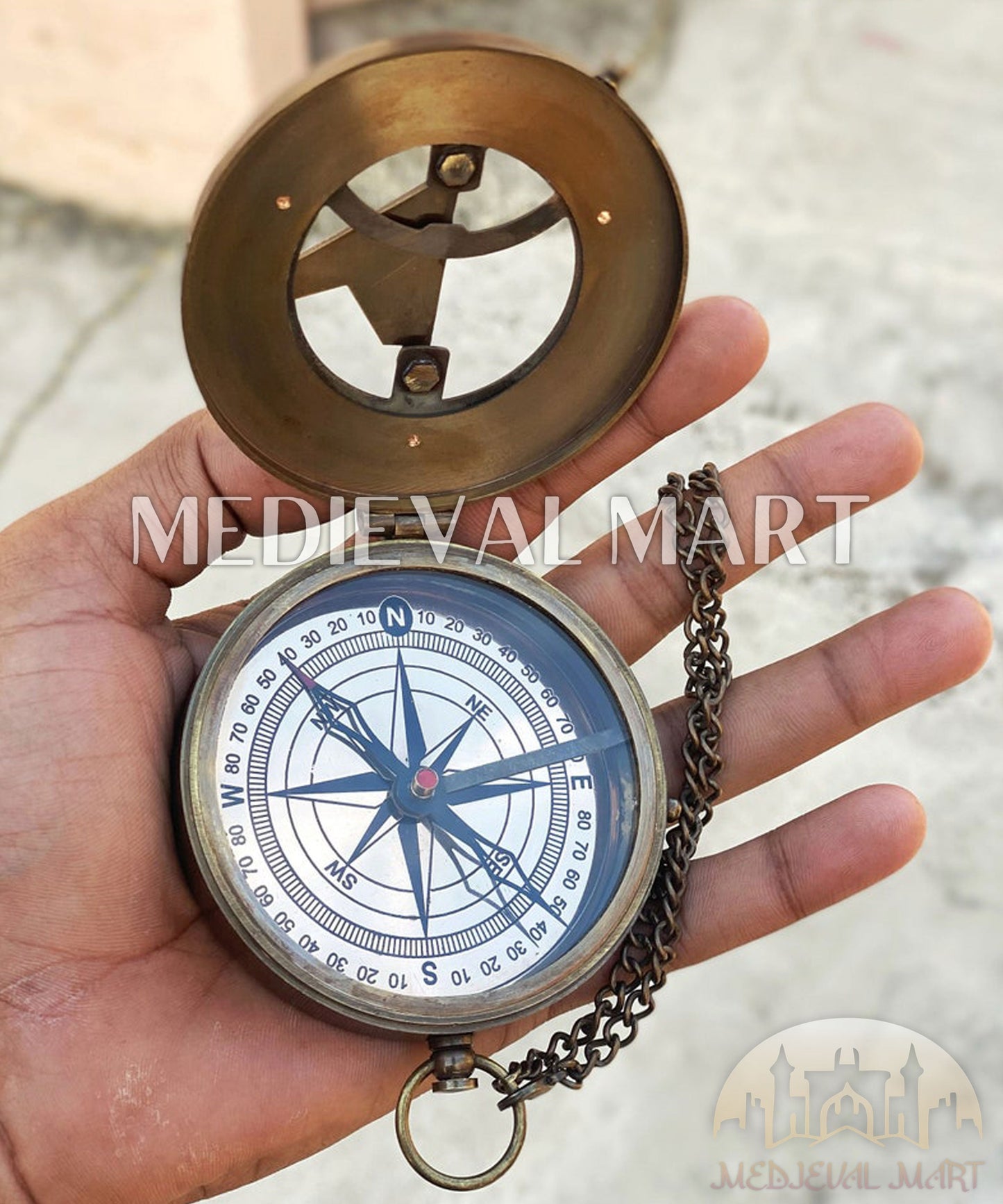 MEDIEVALMART Nautical Custom Engrave Sundial Clock Style Compass Gold Finish W/H Leather Case | Gift For Compass