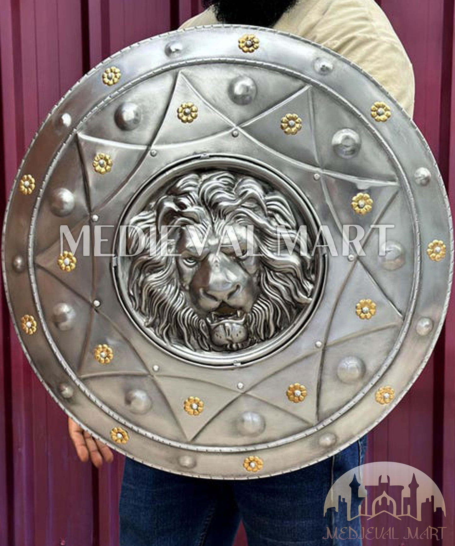 MEDIEVALMART Medieval Spartan Exclusive Gold Lion Face Shield W/H Black Finish | Gift for Dad