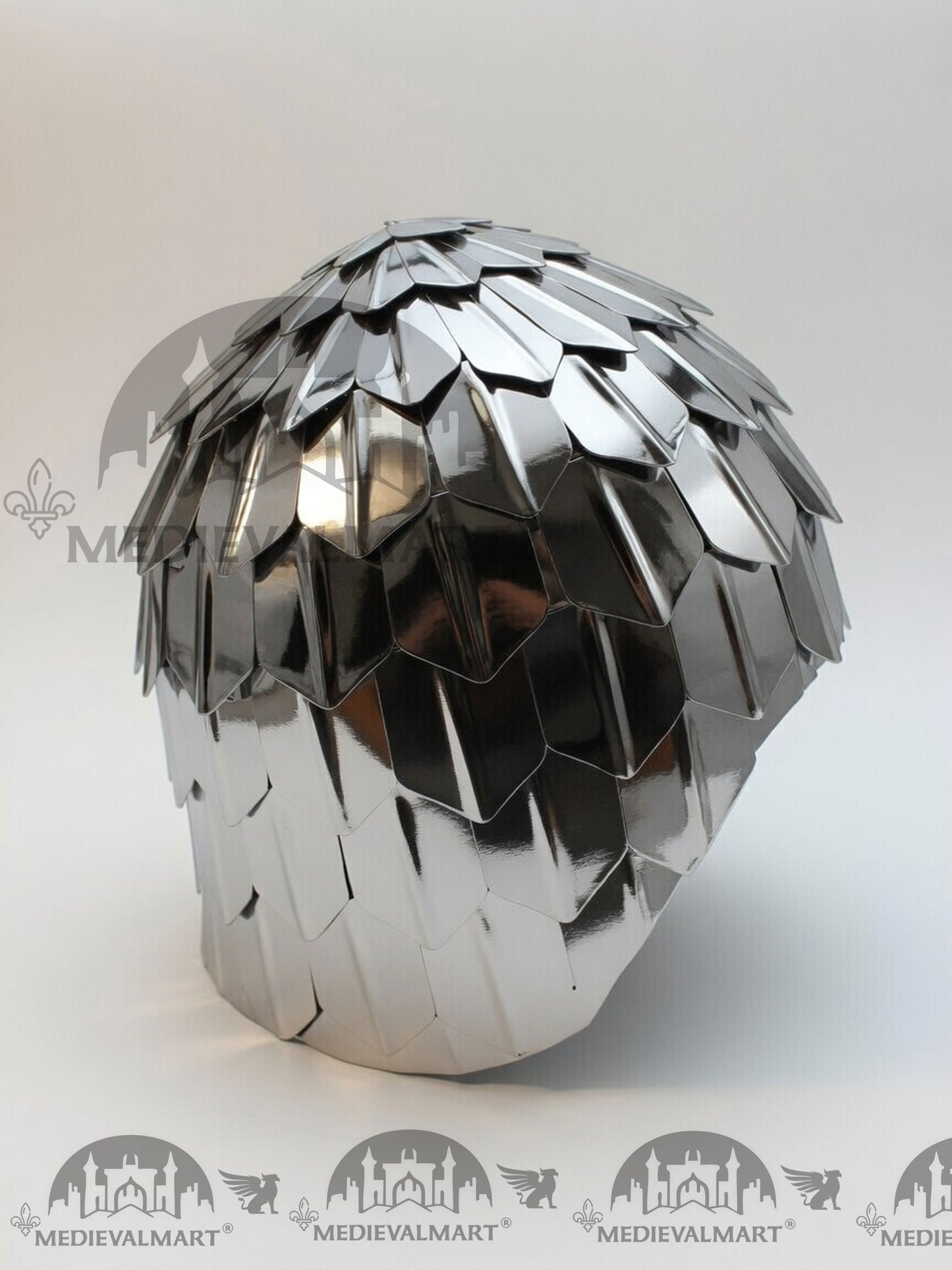 MEDIEVALMART Medieval Historical Scaled Skull Cap Helmet, Shiny Silver Polished Helmet / Best for Reenactment